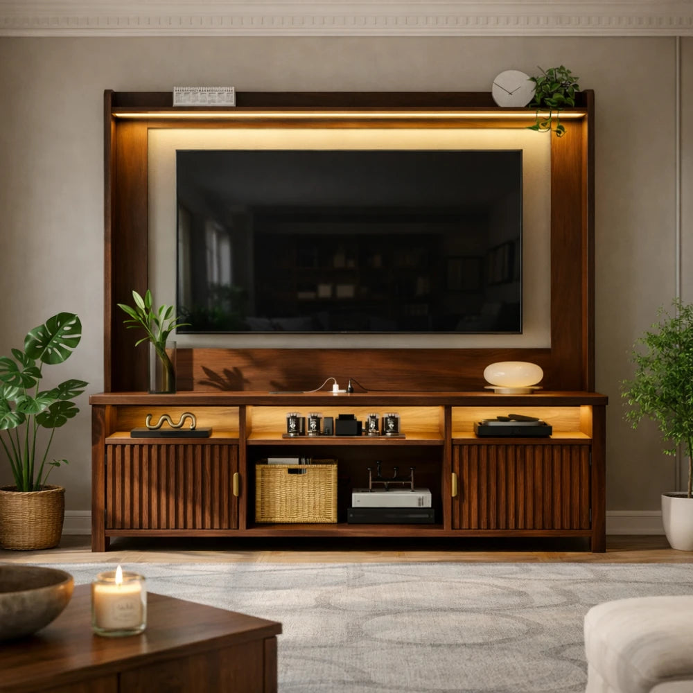 Snhomee 70.9"H TV Stand With Bookshelves & Charging Station, with 4 Storage Shelves & 2 Magnetic Cabinet Doors for Living Room