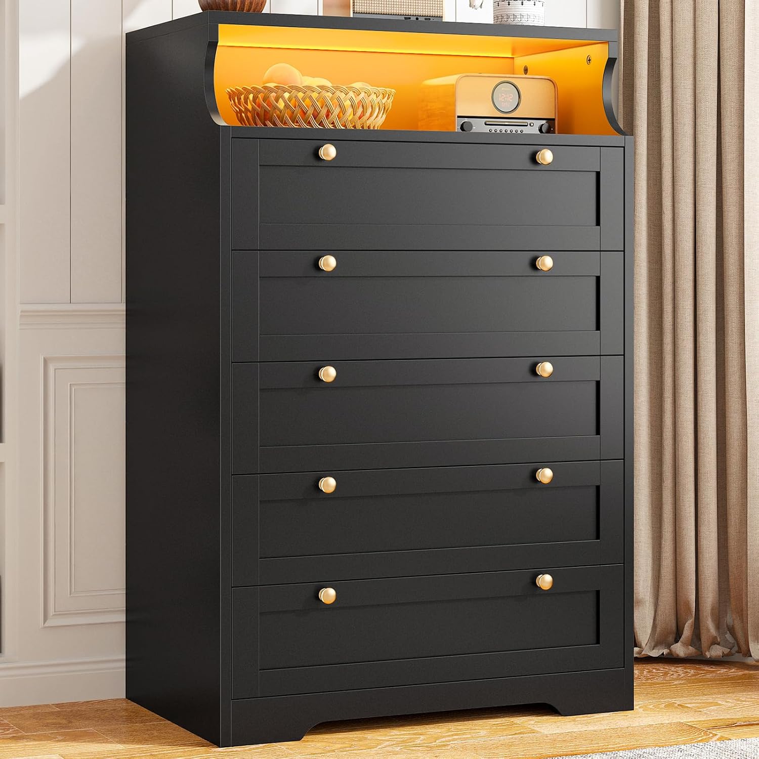 48"H 5-Drawer Wood Dresser and Chest with LED Lights for Bedroom