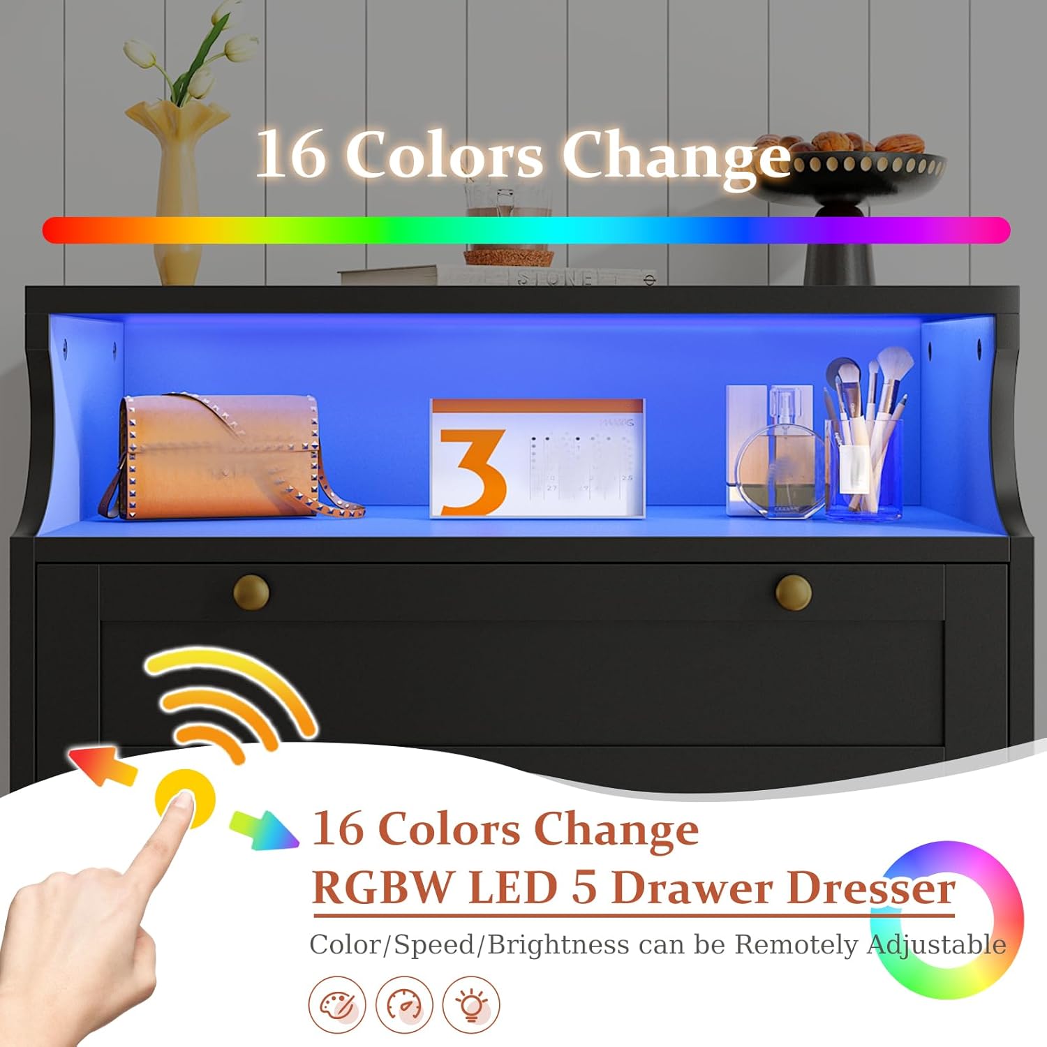 Snhomee 5-Drawer Tall Dresser with LED Lights & Shelves – Modern Storage Cabinet for Bedroom, Living Room & Entryway