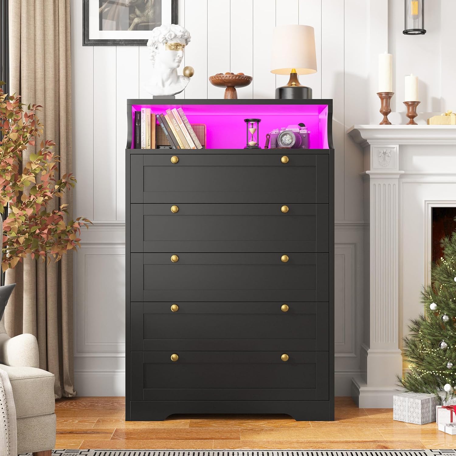 48"H 5-Drawer Wood Dresser and Chest with LED Lights for Bedroom
