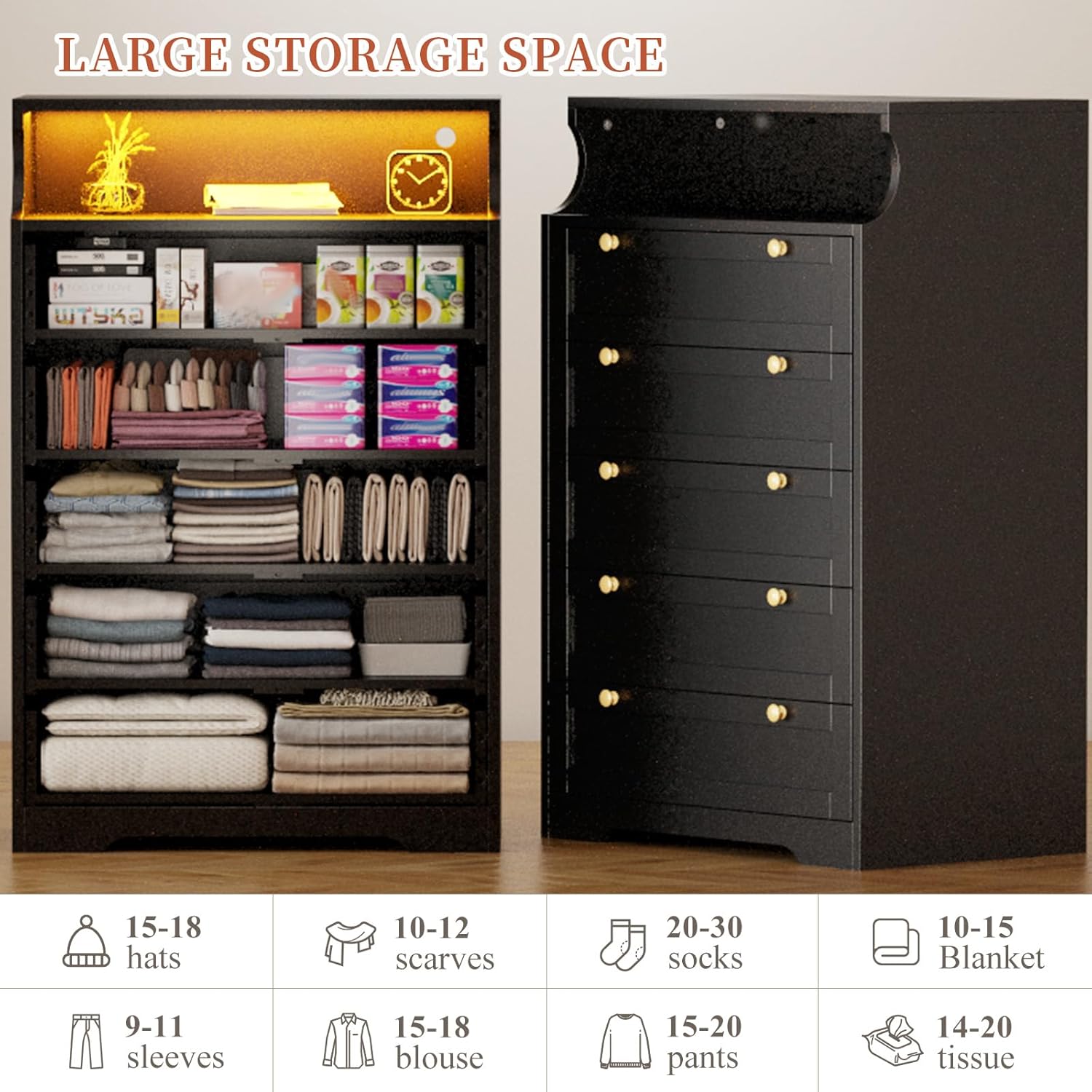 Snhomee 5-Drawer Tall Dresser with LED Lights & Shelves – Modern Storage Cabinet for Bedroom, Living Room & Entryway