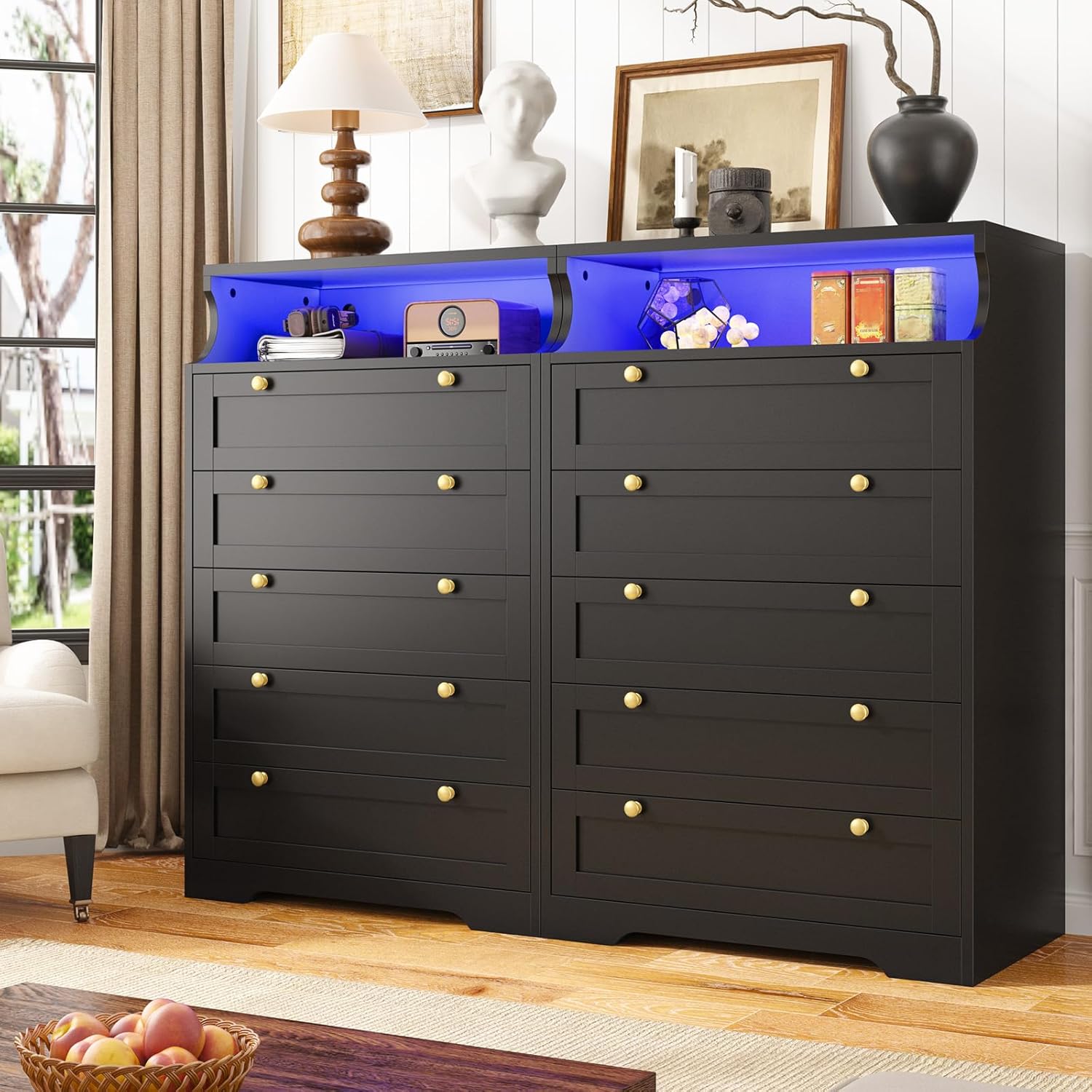 Snhomee 5-Drawer Tall Dresser with LED Lights & Shelves Modern Storage Cabinet for Bedroom, Living Room & Entryway 31.3" W x 48.5" H x 15.7" D / Snhomee 5-Drawer Tall Dresser with LED Lights & Shelves Modern Storage Cabinet for Bedroom, Living Room & Entryway 31.3" W x 48.5" H x 15.7" D /