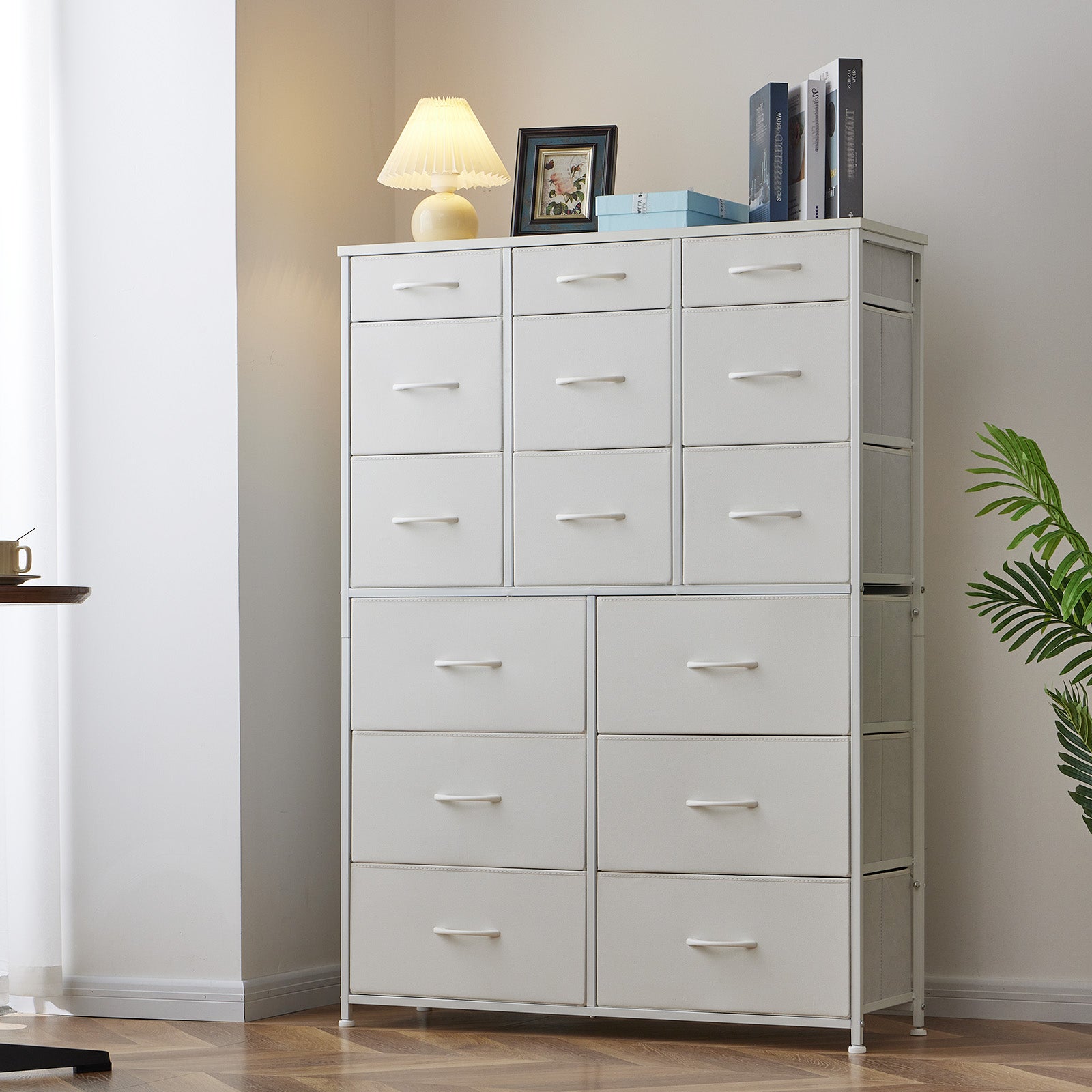 Dresser for Bedroom with 15 Drawers, Sturdy Metal Frame & Wood Top, Top Large Fabric Chest of Drawers, Closet, Livingroom-Furniture > Dresser-37.8"W x 11.8"D x 52.4"H-Black-snhomee