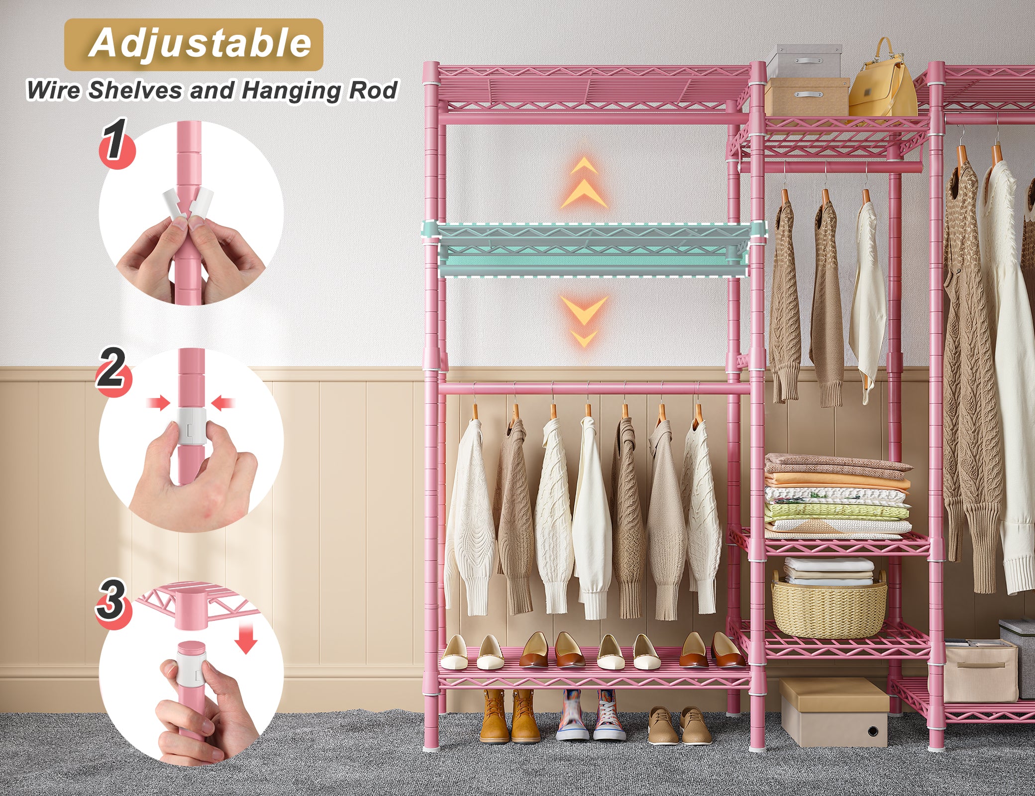 Clothing Racks for Hanging Clothes, Heavy Duty Clothes Rack Load 730LBS, Metal Wardrobe Closet, 77" H, Pink-Home Storage > Clothes Rack-snhomee