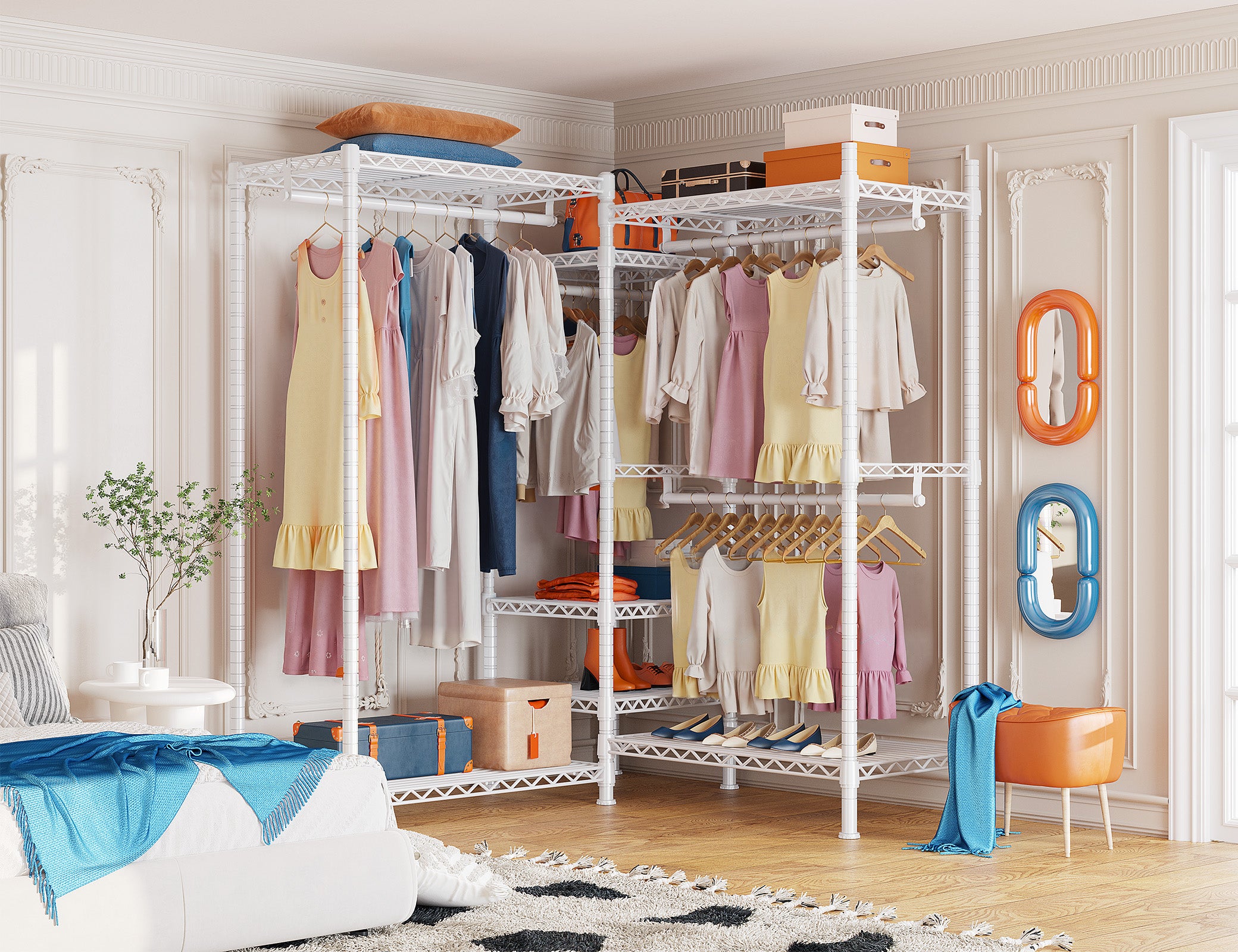 Clothing Racks for Hanging Clothes, Heavy Duty Clothes Rack Load 725LBS, Adjustable Metal Wardrobe Closet, White-Clothing & Closet Storage-snhomee