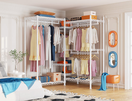 Clothing Racks for Hanging Clothes, Heavy Duty Clothes Rack Load 725LBS, Adjustable Metal Wardrobe Closet, White-Clothing & Closet Storage-snhomee