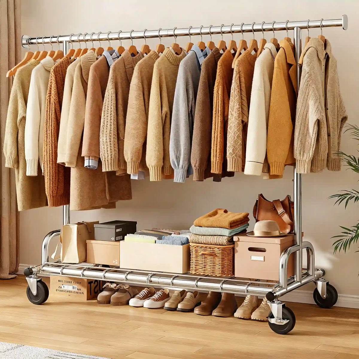 Snhomee 75"W 485LBS Clothes Rack, Metal Garment Rack With Wheels, Adjustable  Rolling Clothing Rack,  Portable Clothes Rack For Bedroom