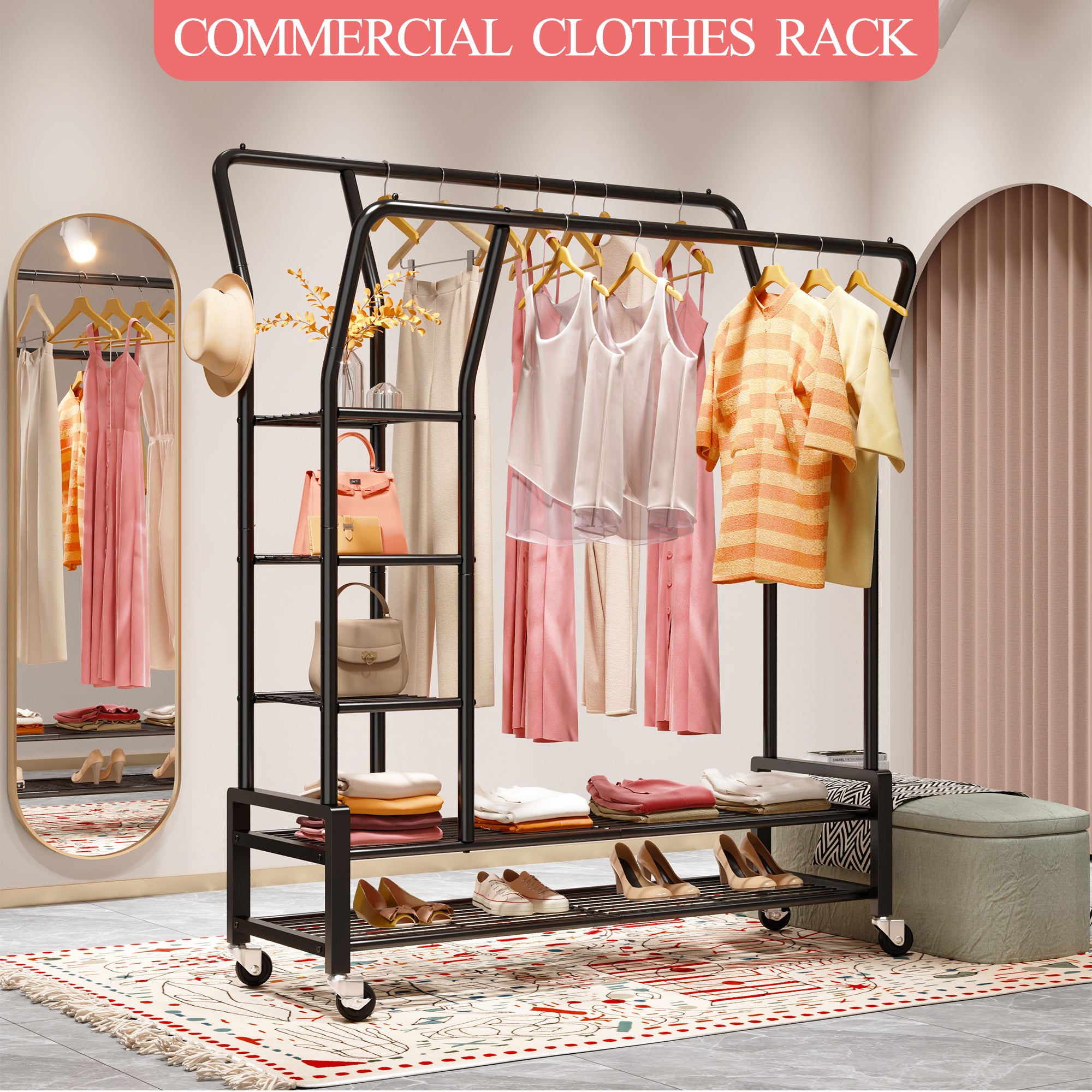 Snhomee Portable Rolling Clothes Rack with Shelves,Clothes Hanging Rack with Wheels, For Commercial&Bedroom