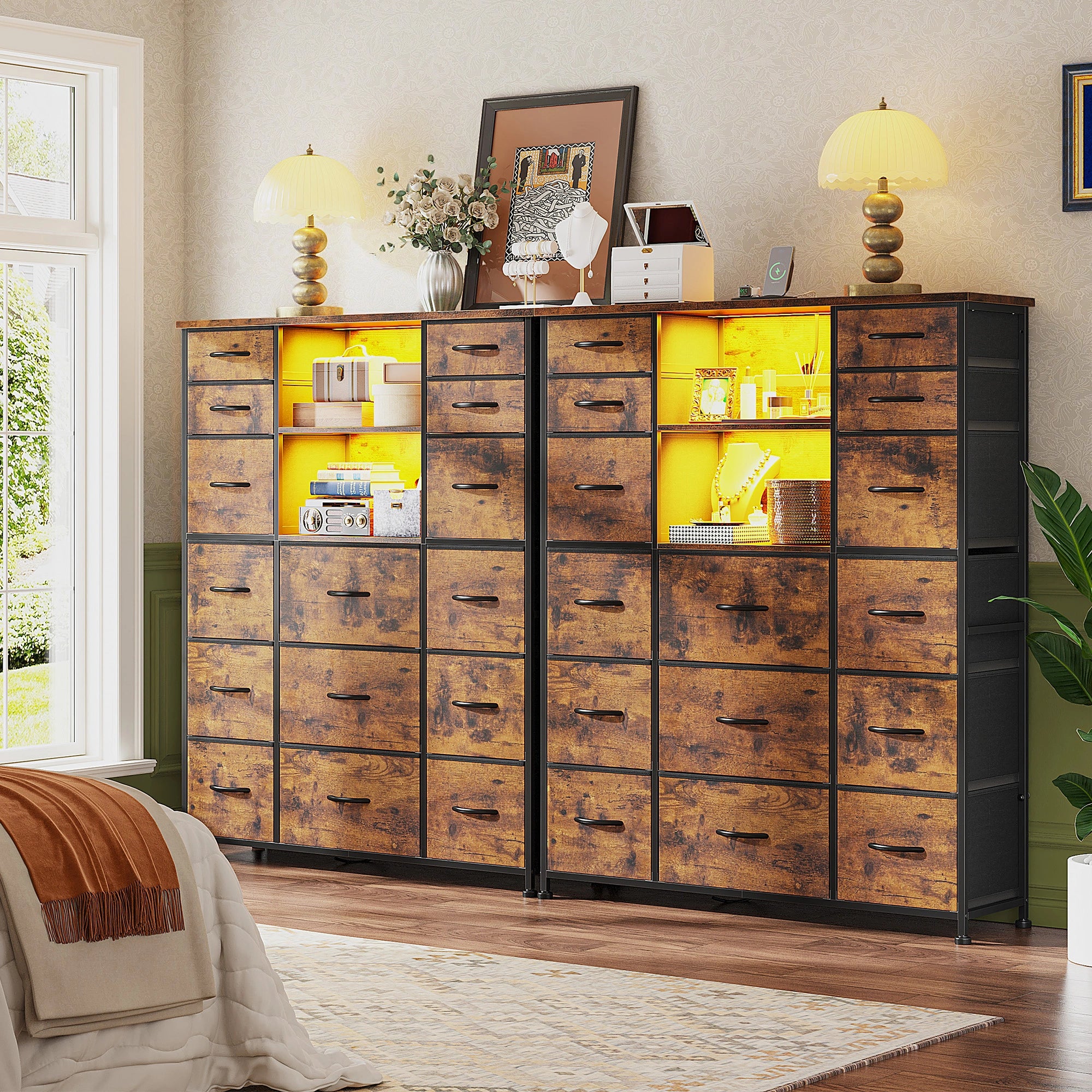 15-Drawer Smart Dresser with Charging Station & LED Lights - 51" Tall Fabric Storage Organizer, Steel Frame, Wood Shelves | No Assembly Hassle, Anti-Tip Safety, for Bedroom, Closet, Hallway