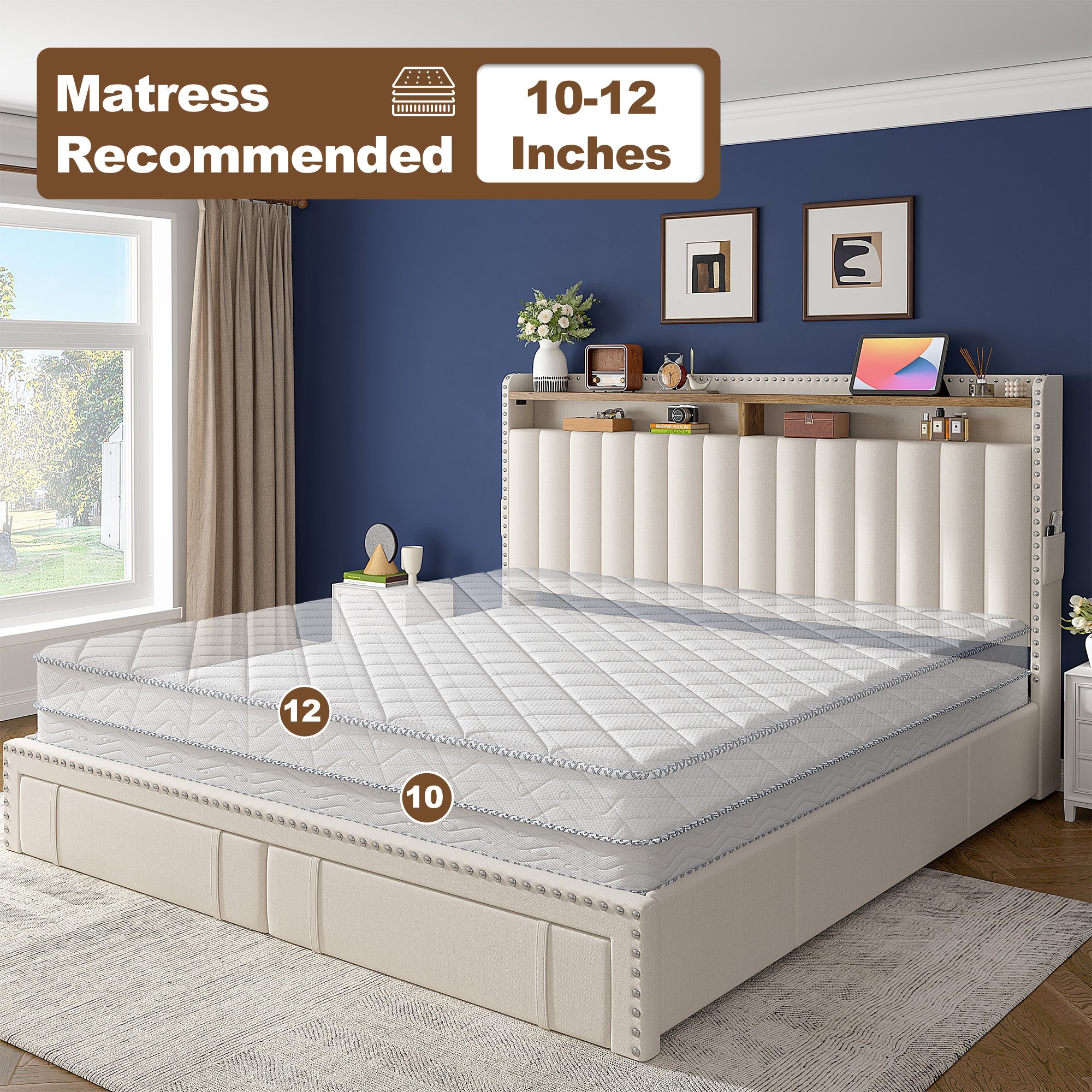 Snhomee Heavy Duty Platform Bed Frame with Storage Drawers - Silent 1200LB Capacity, No Box Spring Needed, Upholstered Headboard