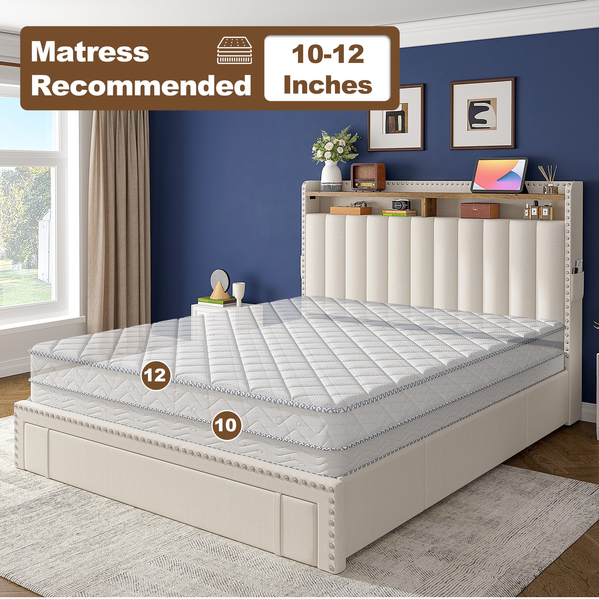 Snhomee Heavy Duty Platform Bed Frame with Storage Drawers - Silent 1200LB Capacity, No Box Spring Needed, Upholstered Headboard
