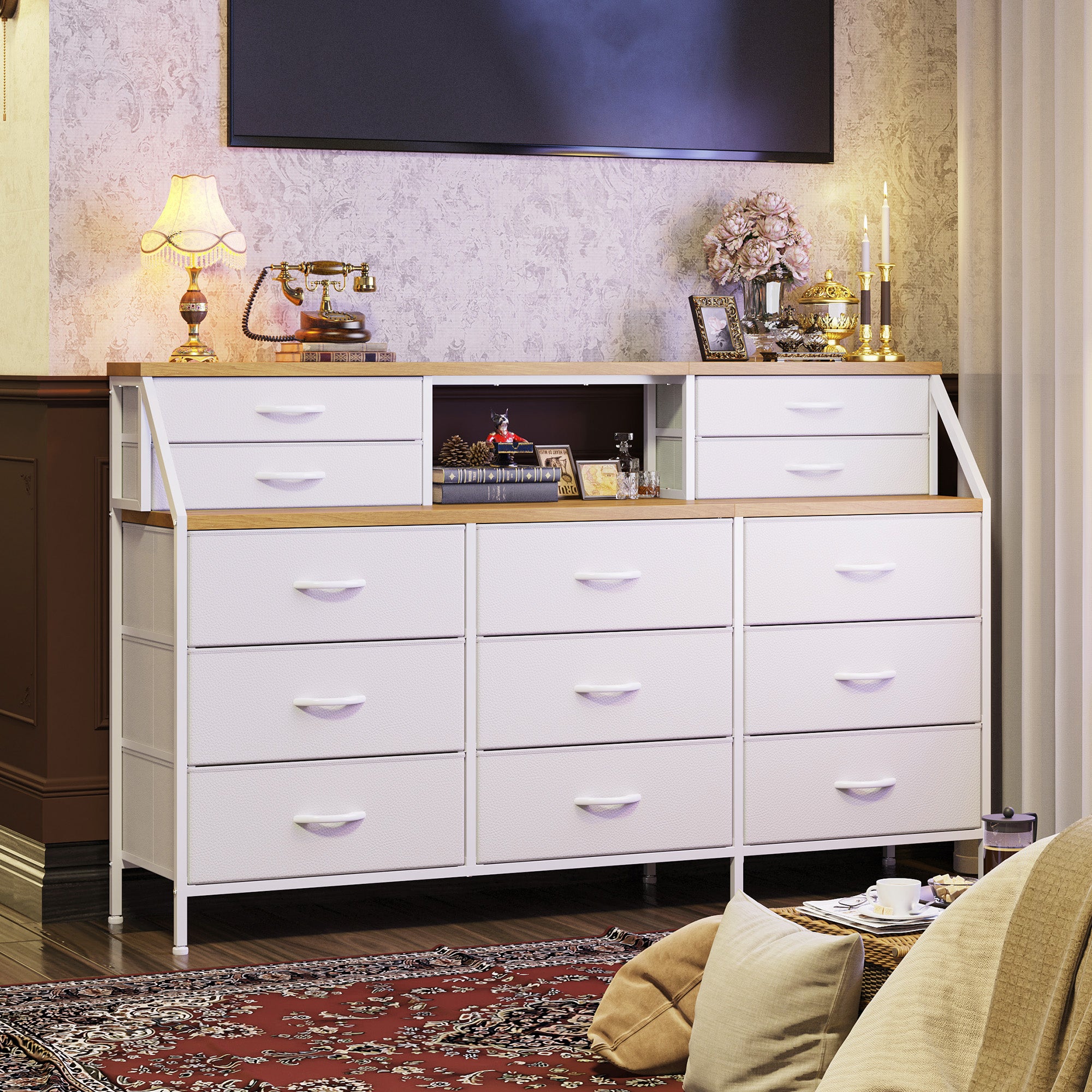 Girls Dresser Organizer: 55"W Dresser with 13 Fabric Drawers and 2 Open Shelves, Metal Frame & Wooden Top for Bedroom/Closet