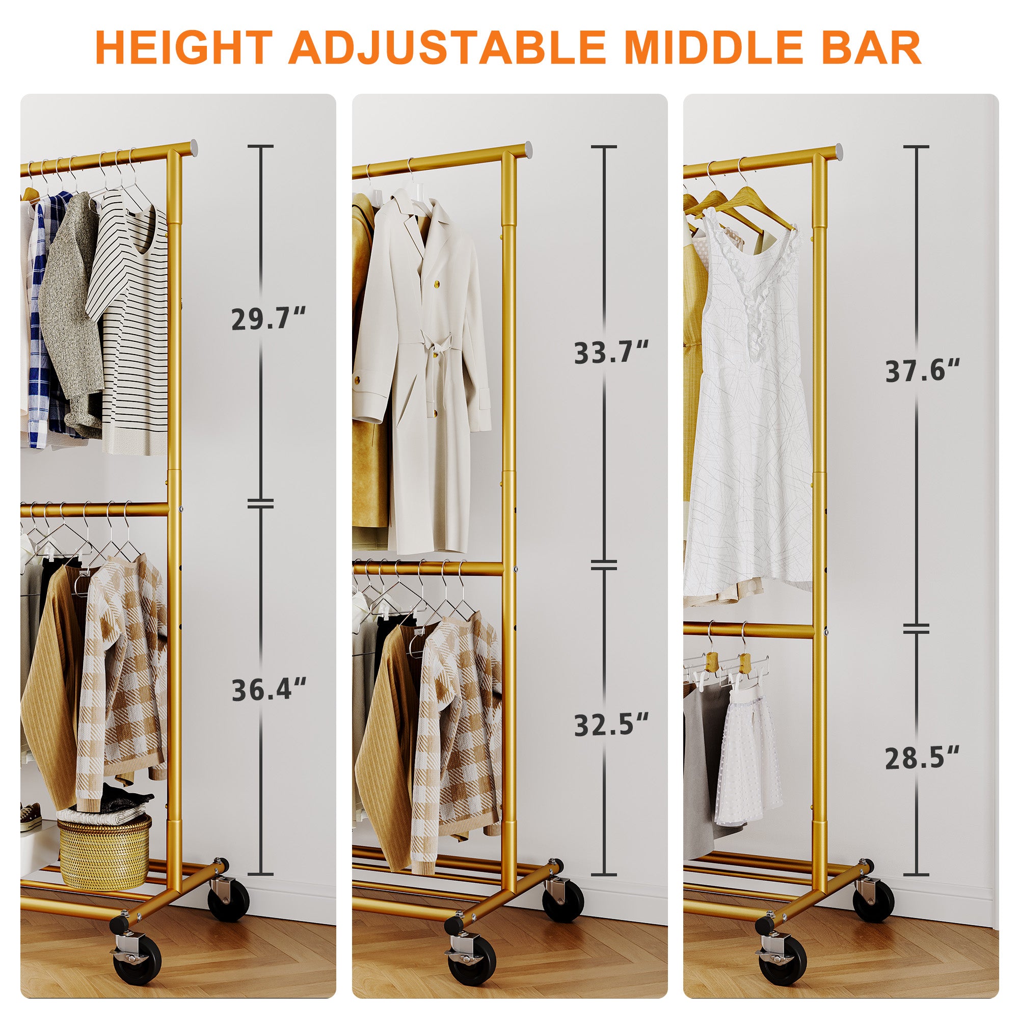 Snhomee Garment Rack with Wheels, Adjustable Height & Width, 298 lbs Heavy-Duty Clothes Rack for Hanging