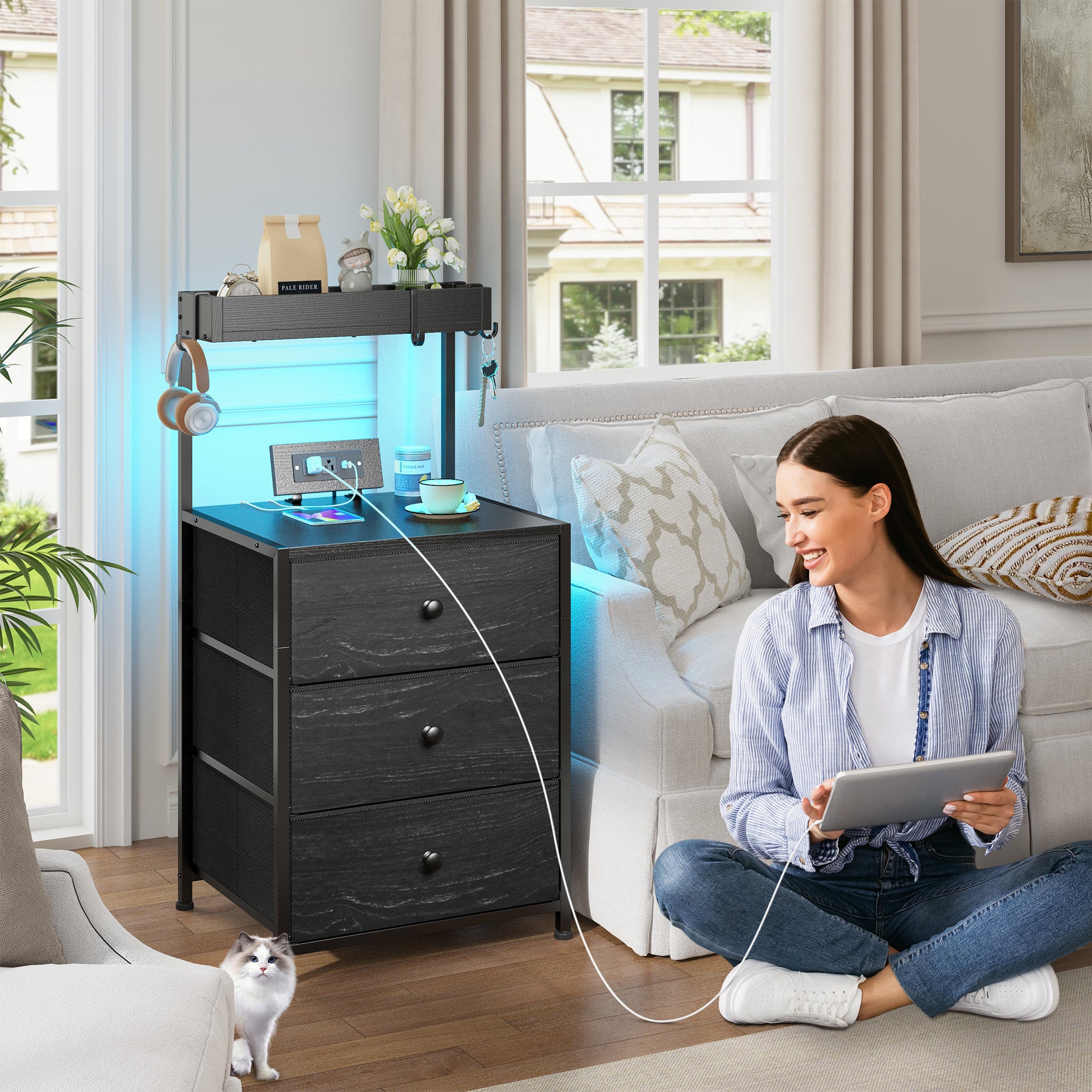 ‌Tall LED Nightstand with Charging Station & 3-Drawer Shelves | Bedside Table with USB/AC Outlets & 4 Hooks-Black-snhomee