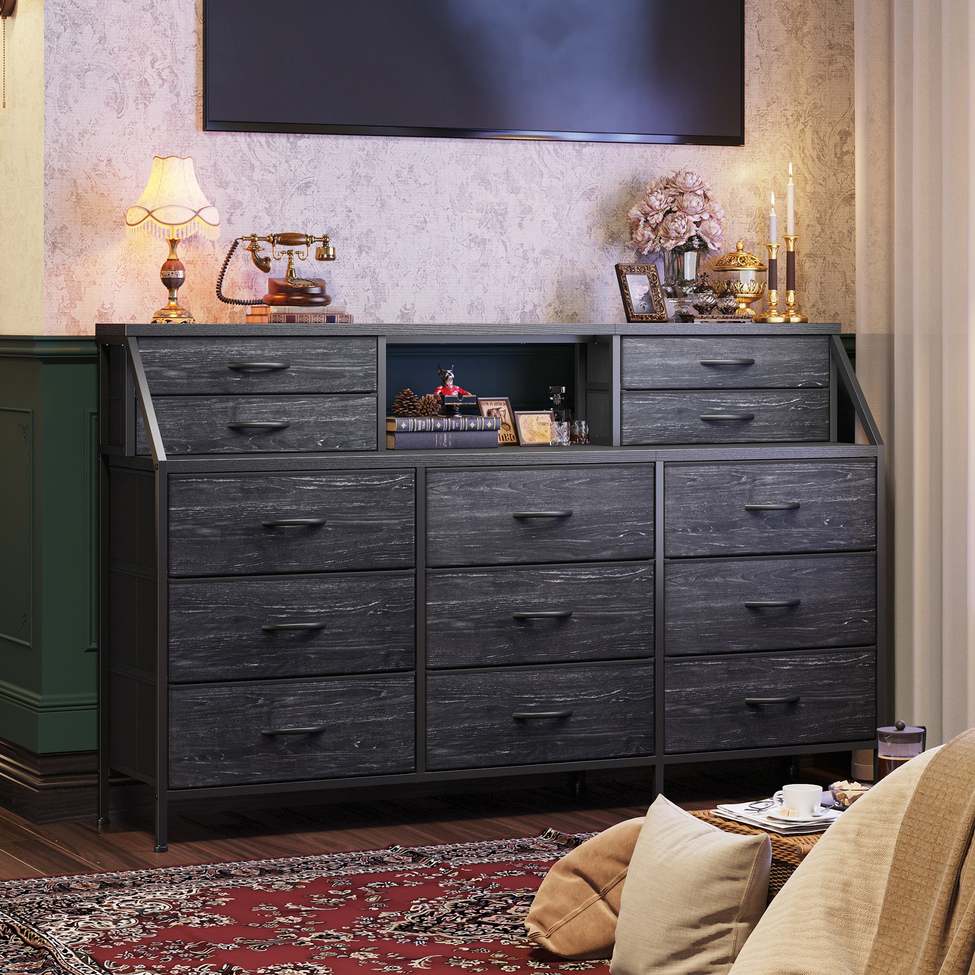 Girls Dresser Organizer: 55"W Dresser with 13 Fabric Drawers and 2 Open Shelves, Metal Frame & Wooden Top for Bedroom/Closet