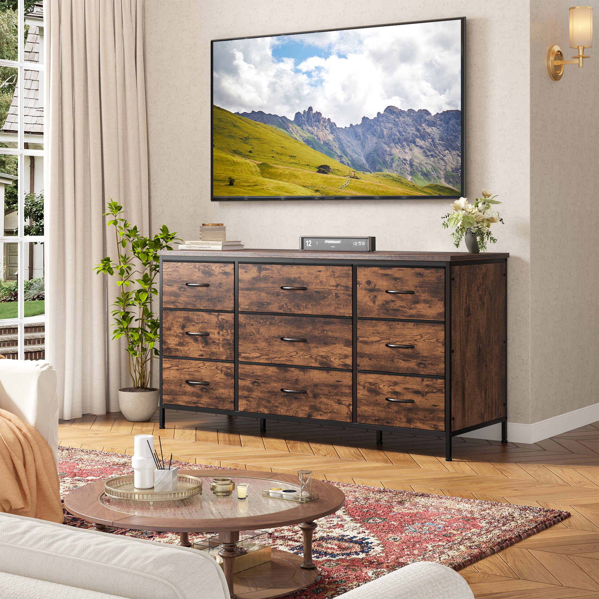 Snhomee Dresser TV Stand with 9 Drawers, Sturdy Metal Frame & Wood Top, Bedroom, Living Room, Hallway, Dorm room essentials, Back to school TV Stand Drawers