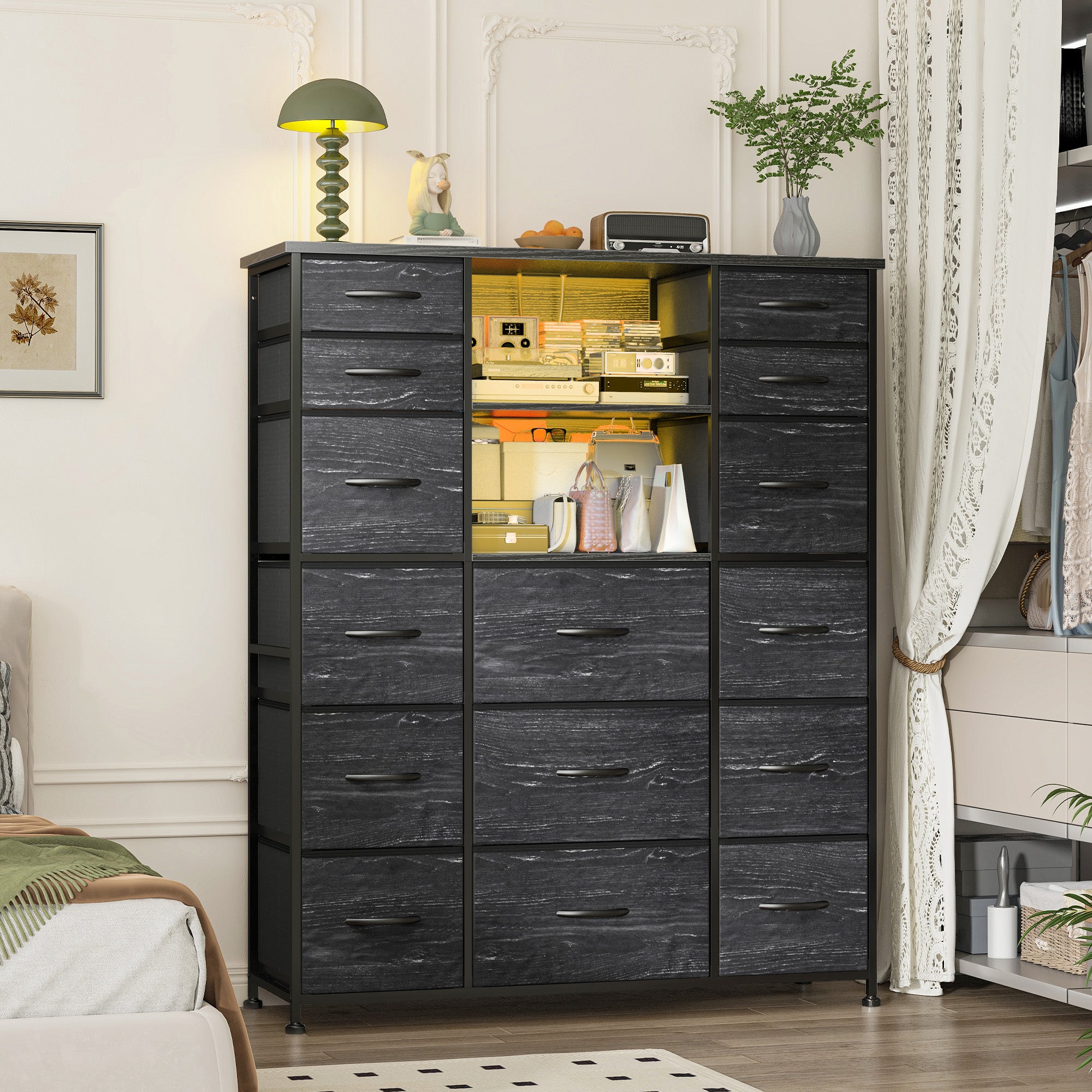 51" Tall Dresser with 15 Drawers & Charging Station | LED Lighting & Built-in Hutch | Steel Frame & Wood Top Bedroom Storage-Black-snhomee