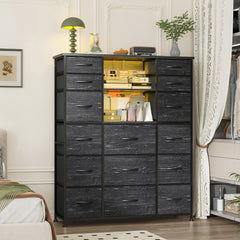 51" Tall Dresser with 15 Drawers & Charging Station | LED Lighting & Built-in Hutch | Steel Frame & Wood Top Bedroom Storage-Black-snhomee
