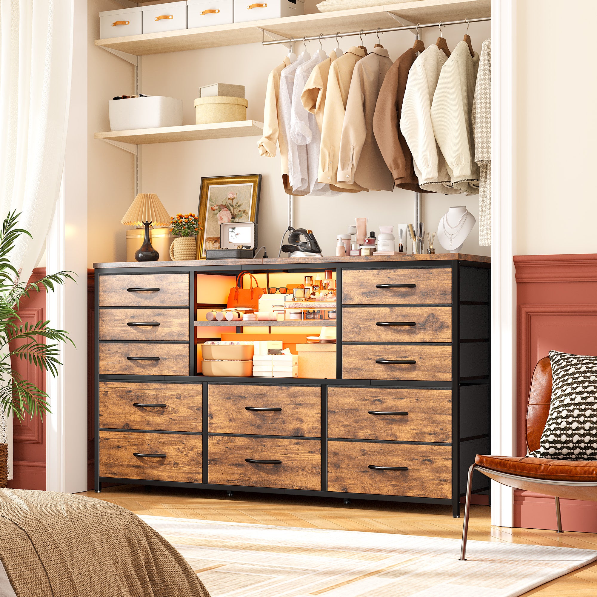 Snhomee 12-Drawer LED Dresser with USB Outlets - 60'' TV Stand for Bedroom & Living Room, Metal Frame Storage Cabinet 49''W x 35''H