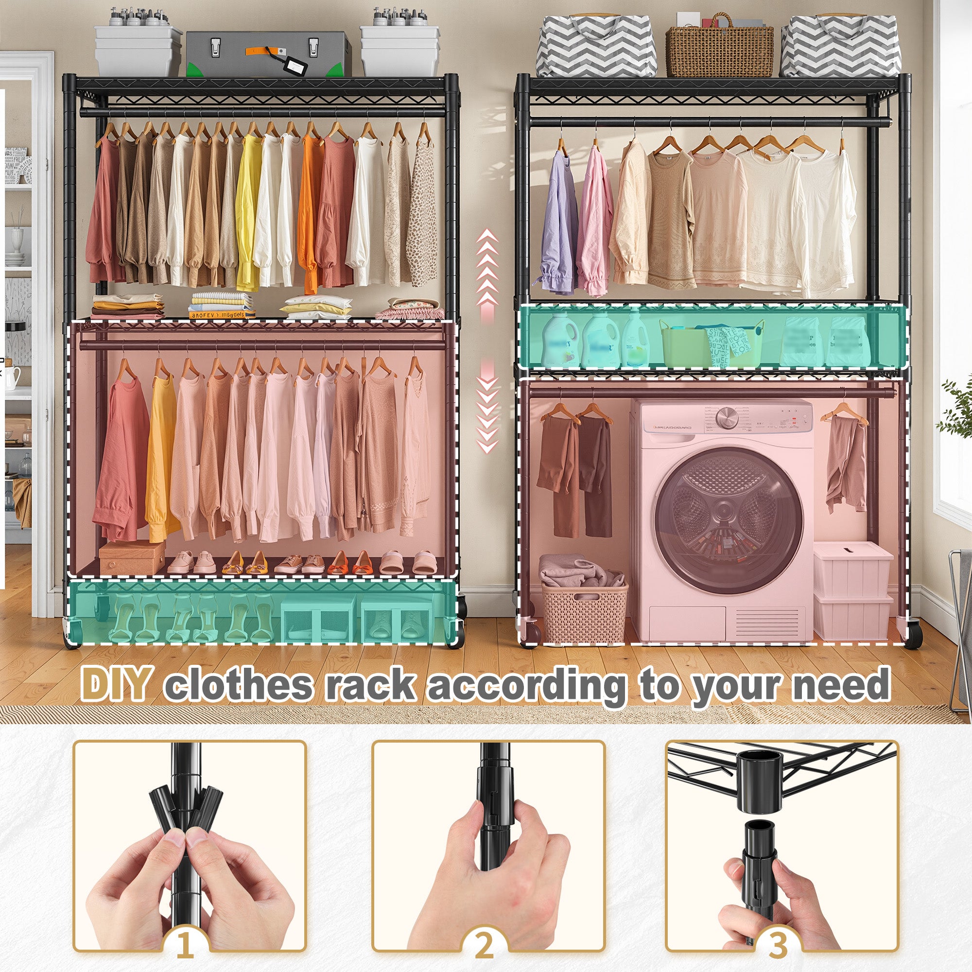 Snhomee 445LBS Heavy Duty Clothing Rack with Wheels Cloth Rack with Cover