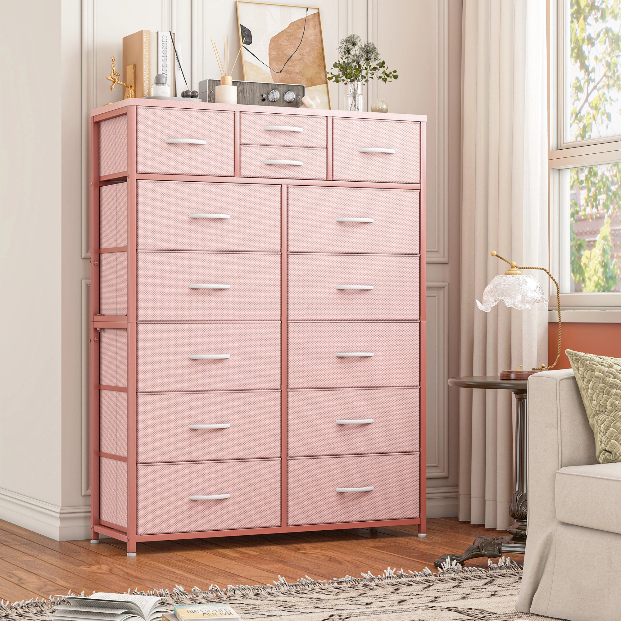 Snhomee Dresser for Bedroom with 14 Drawers, Tall Dressers for Bedroom,  Sturdy Metal Frame & Wood, Top Large Fabric Chest of Drawers, Closet, Livingroom