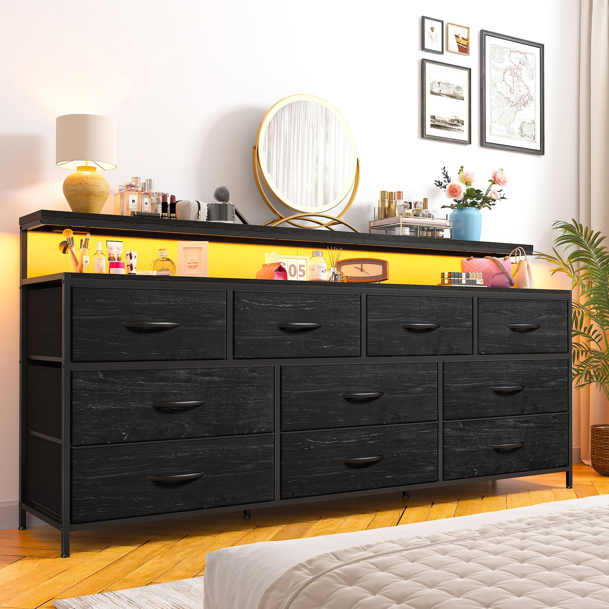 55" Wide LED Dresser with Power Outlets & 10 Drawers | Large Metal Frame & Wood Top Storage Organizer for Bedroom-Charcoal Black-snhomee