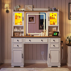 Snhomee Farmhouse Makeup Vanity Desk with LED Mirror & RGB Cabinets – Storaging with Drawers & Shelves, Ideal for Organizing Seasonal Skincare in Bedroom or Dressing Room