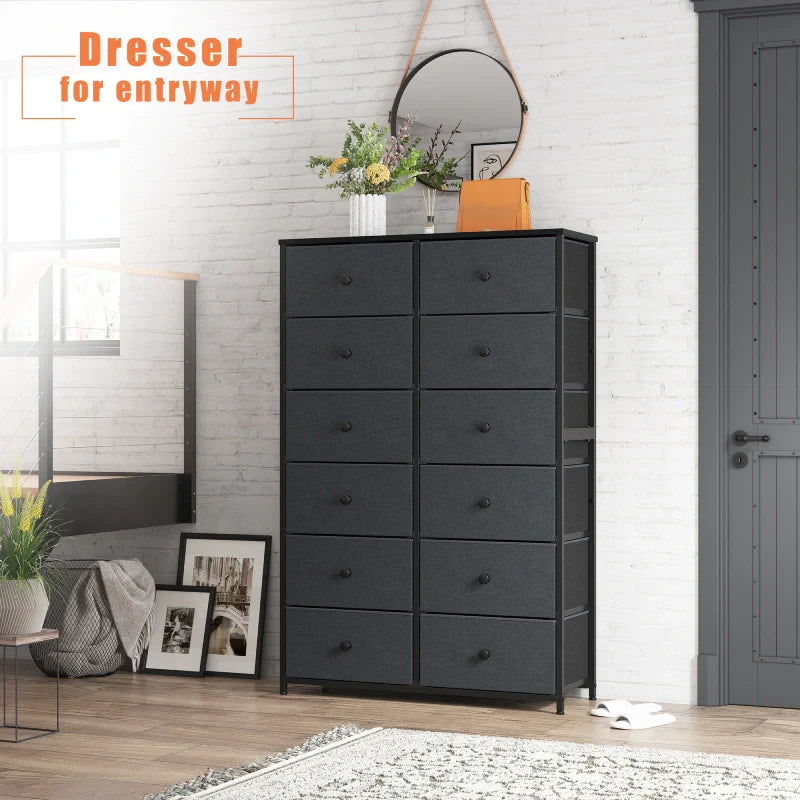 Tall Dresser for Bedroom with 12 Drawers, Wooden Top and Metal Frame, Fabric Bedroom Dressers & Chests of Drawers, Dark Grey-Furniture > Dresser-snhomee