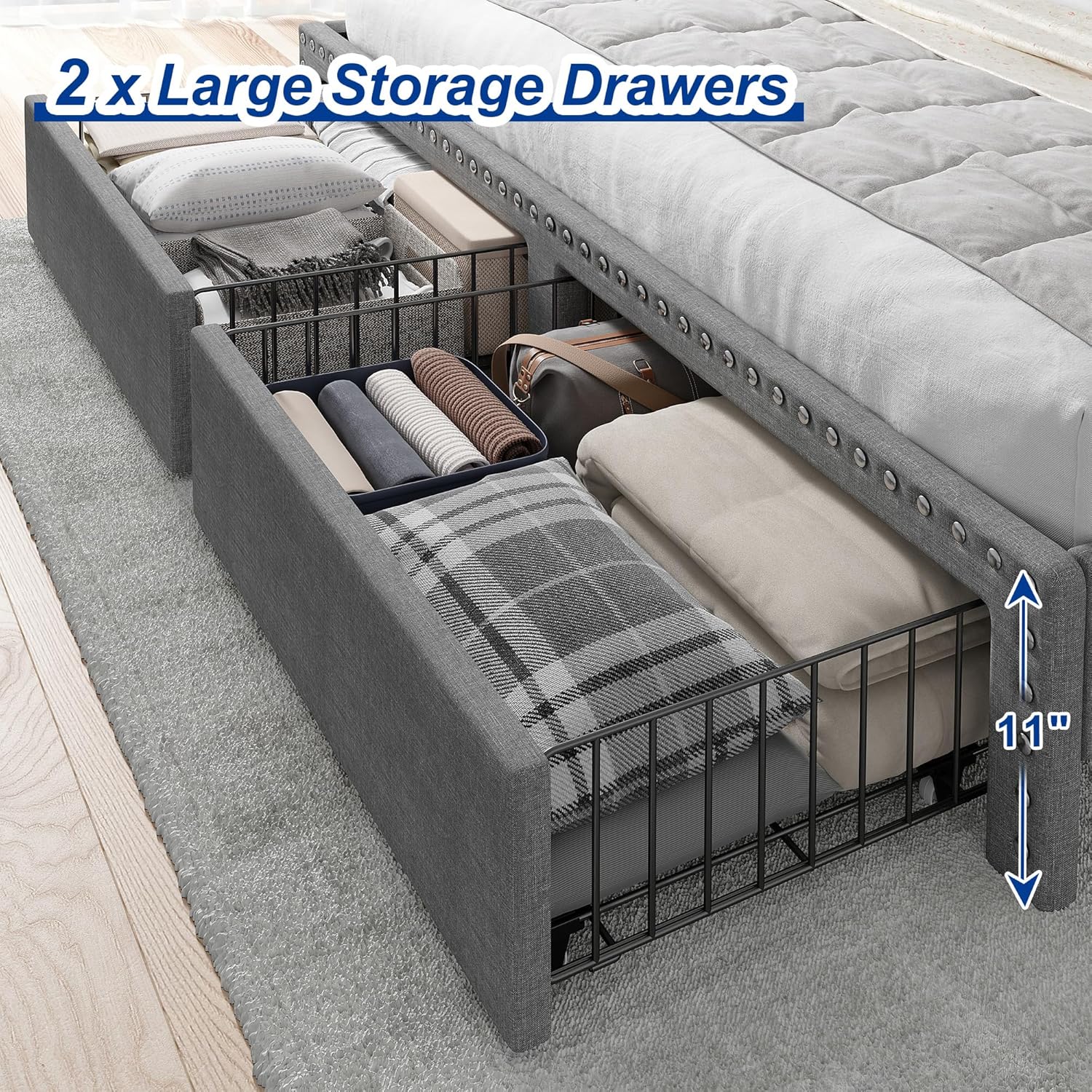 Metal Bed Frame with 2 Storage Drawers & Headboard - 900LBS Capacity, No Noise Design, Padded Platform, No Box Spring Needed, Back to School Beds On Sale