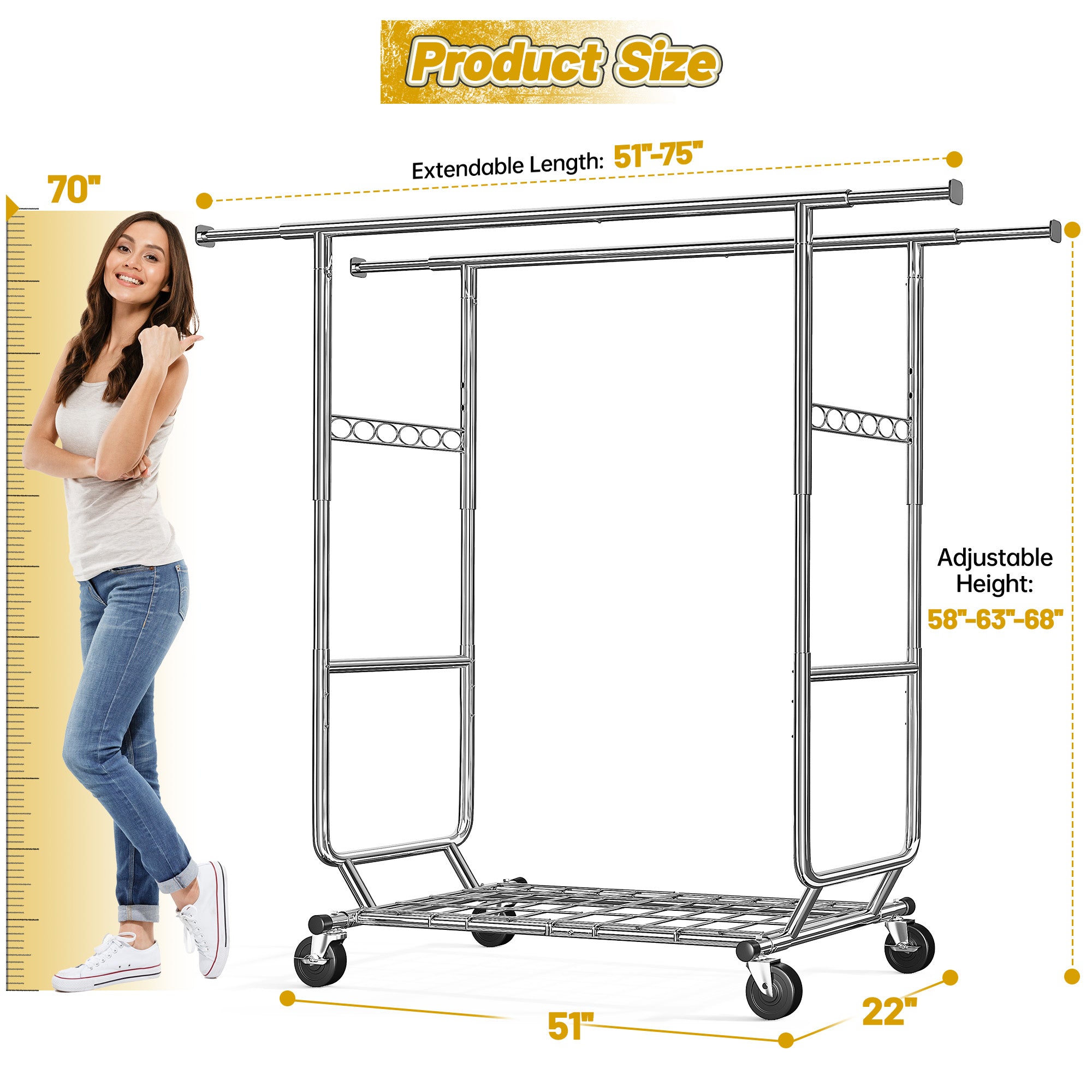 Snhomee Rolling Clothes Rack with Wheels,630LBS Heavy Duty Metal Adjustable Clothes Rack for Hanging,Garment Rack for Bedroom