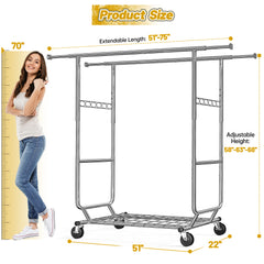 Snhomee Rolling Clothes Rack with Wheels,630LBS Heavy Duty Metal Adjustable Clothes Rack for Hanging,Garment Rack for Bedroom