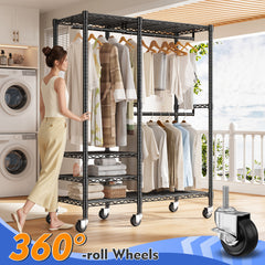 Snhomee Heavy Duty Clothes Rack with Wheels, Freestanding Portable Closet, Rolling Garment Rack For Hanging