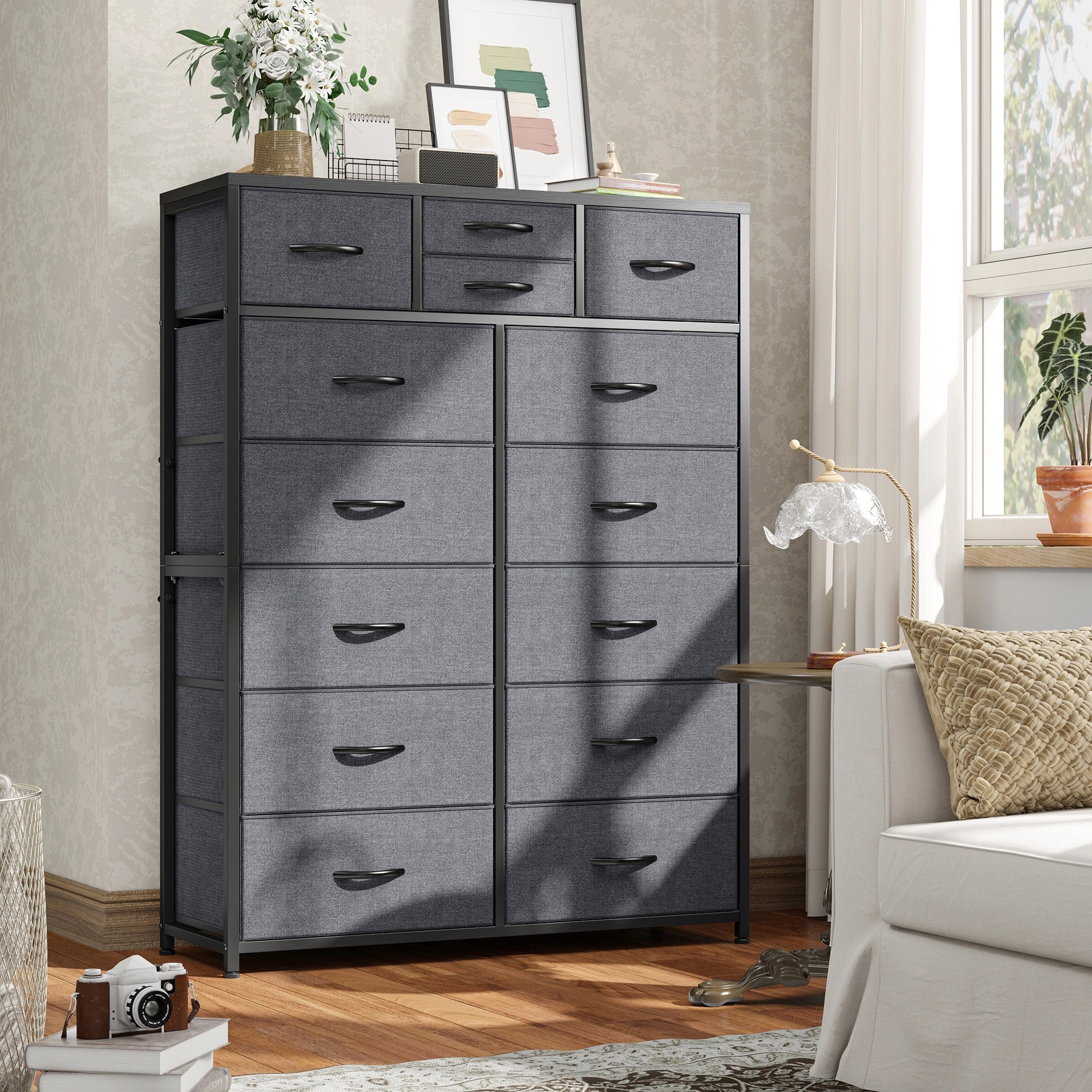 Snhomee Dresser for Bedroom with 14 Drawers, Tall Dressers for Bedroom,  Sturdy Metal Frame & Wood, Top Large Fabric Chest of Drawers, Closet, Livingroom