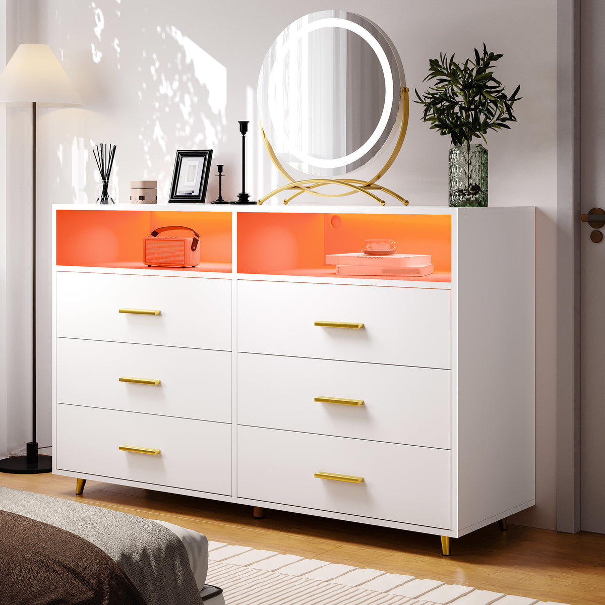 6 Drawers Dresser with LED Lights, Large TV Stand, 2 Open Shelves Top, 47"W Modern Chest with Anti-Tip Safety for Bedroom, Living Room & Small Spaces
