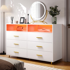 6 Drawers Dresser with LED Lights, Large TV Stand, 2 Open Shelves Top, 47"W Modern Chest with Anti-Tip Safety for Bedroom, Living Room & Small Spaces