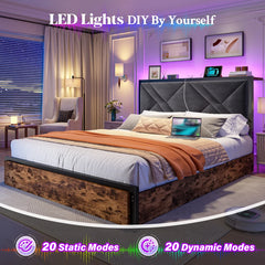 Bed Frame with Bed Frame with  and 6 Storage Drawers, Bed Frame with Upholstered Headboard Built in Charging Station,Noise-Free,Easy Assembly