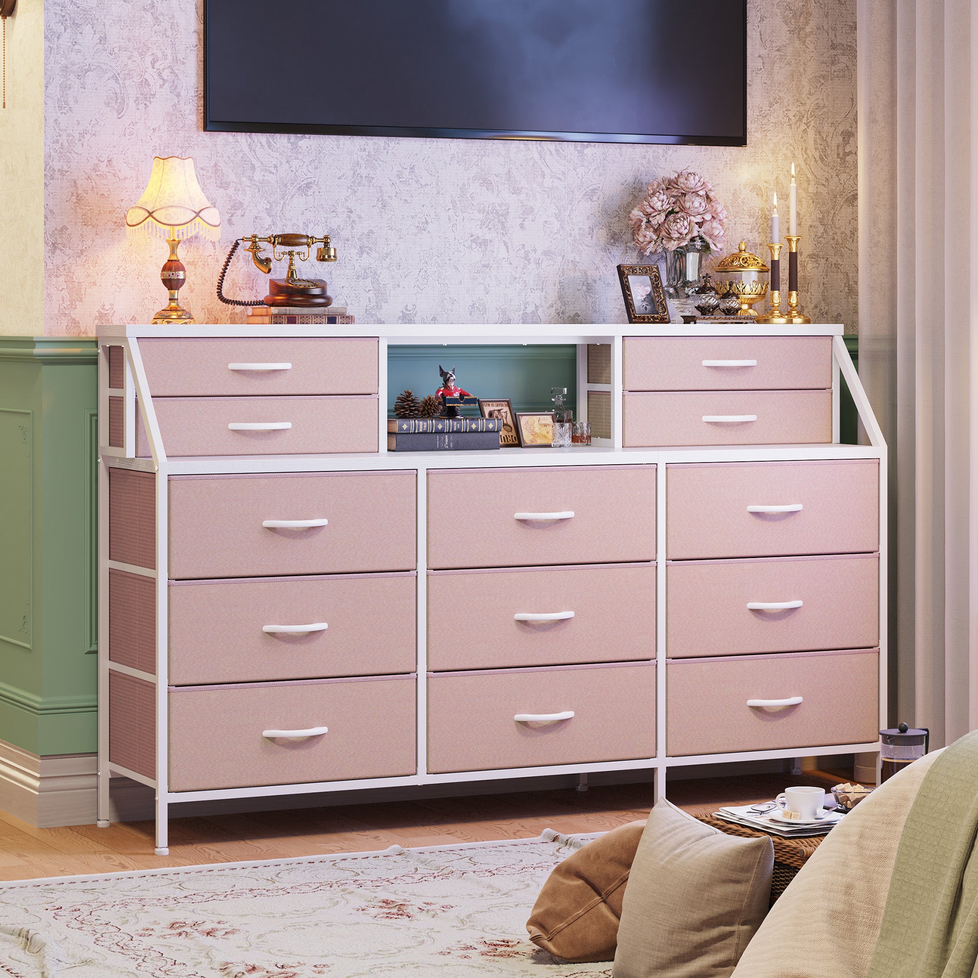 Girls Dresser Organizer: 55"W Dresser with 13 Fabric Drawers and 2 Open Shelves, Metal Frame & Wooden Top for Bedroom/Closet