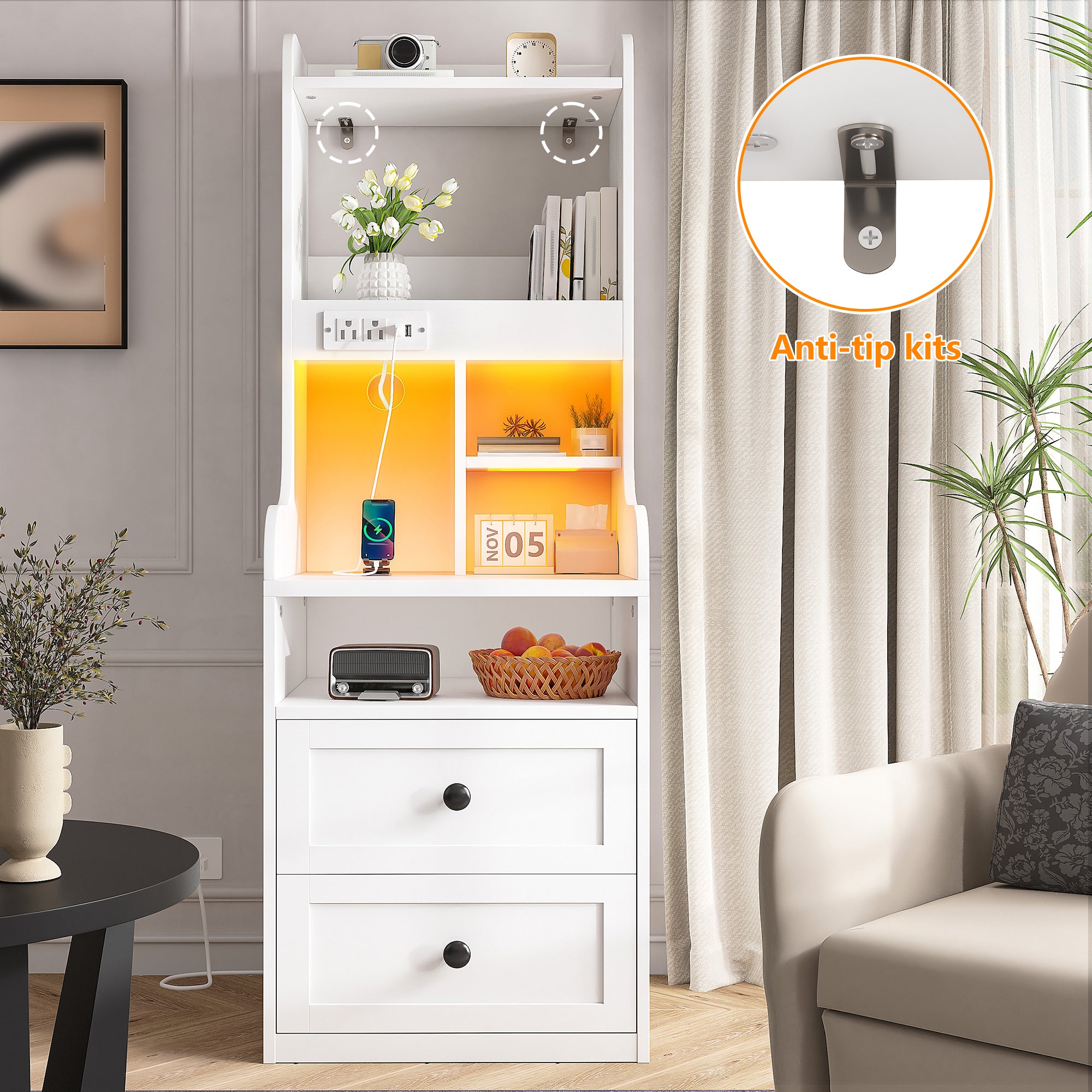 Tall White LED Nightstand with USB Charging Station & Outlets | 2 Drawers & Open Shelves Farmhouse Style Bedside Table | Wood & Metal Frame-White-snhomee