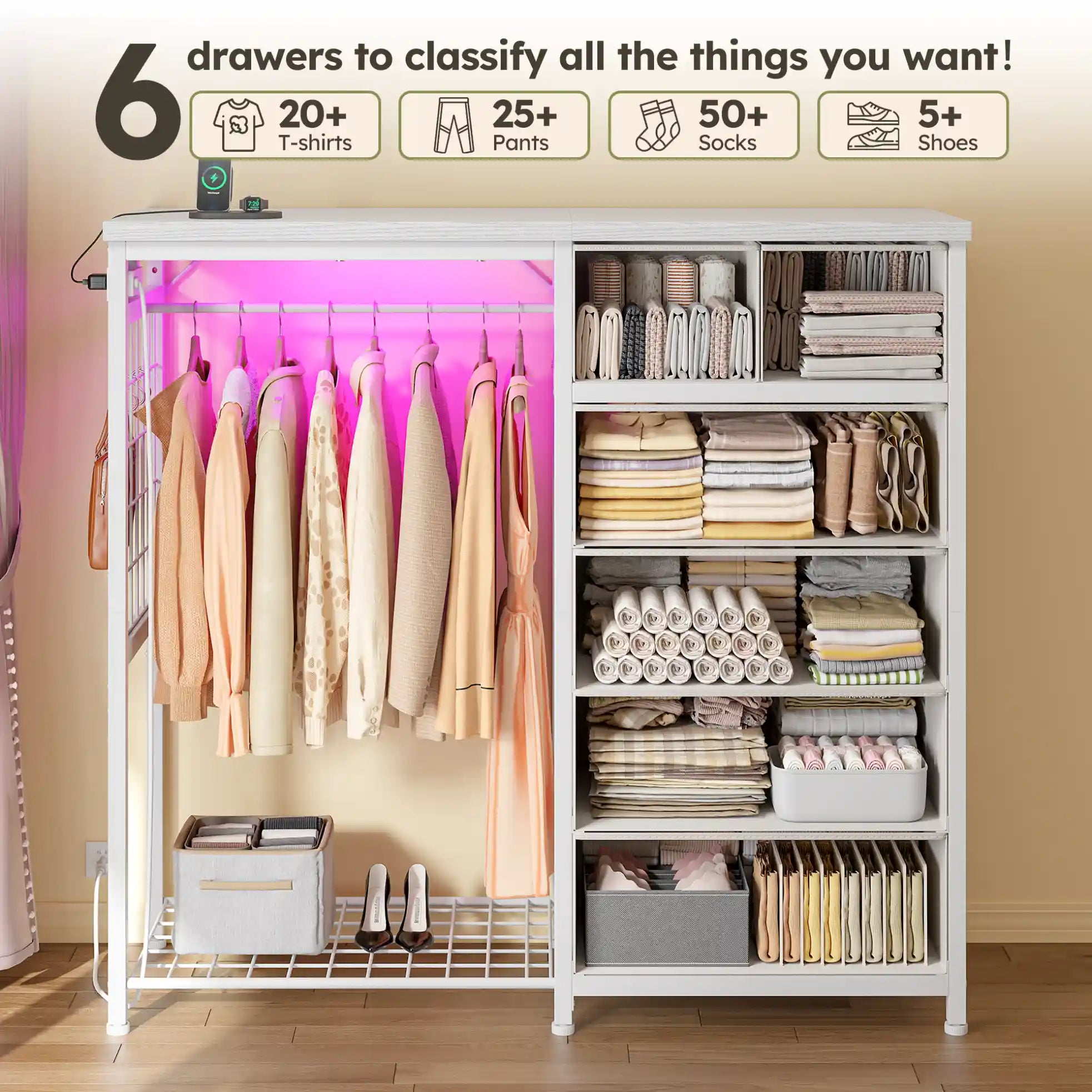 dresser with hanging rack Snhomee 49.2"W Dresser with Hanging Rack & LED Lights