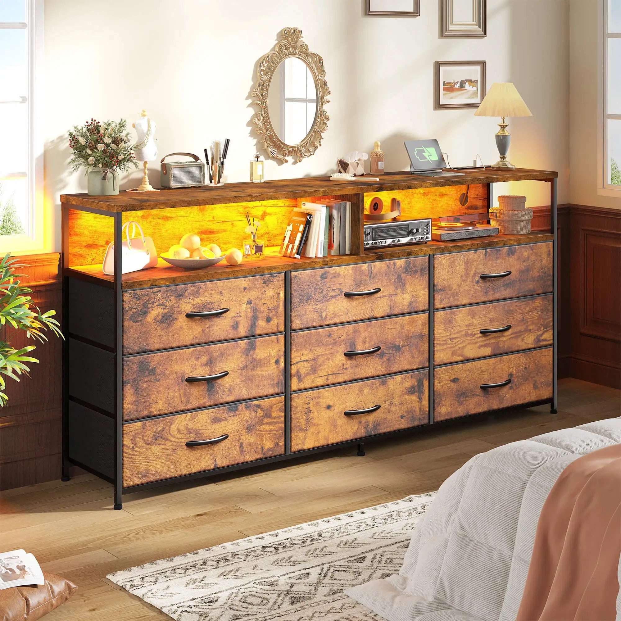 Snhomee Dresser TV Stand with 9 Drawers & Charging Station– 55" Wide Media Console LED lights & Wood Shelves for Bedroom, Living Room, or Dorm