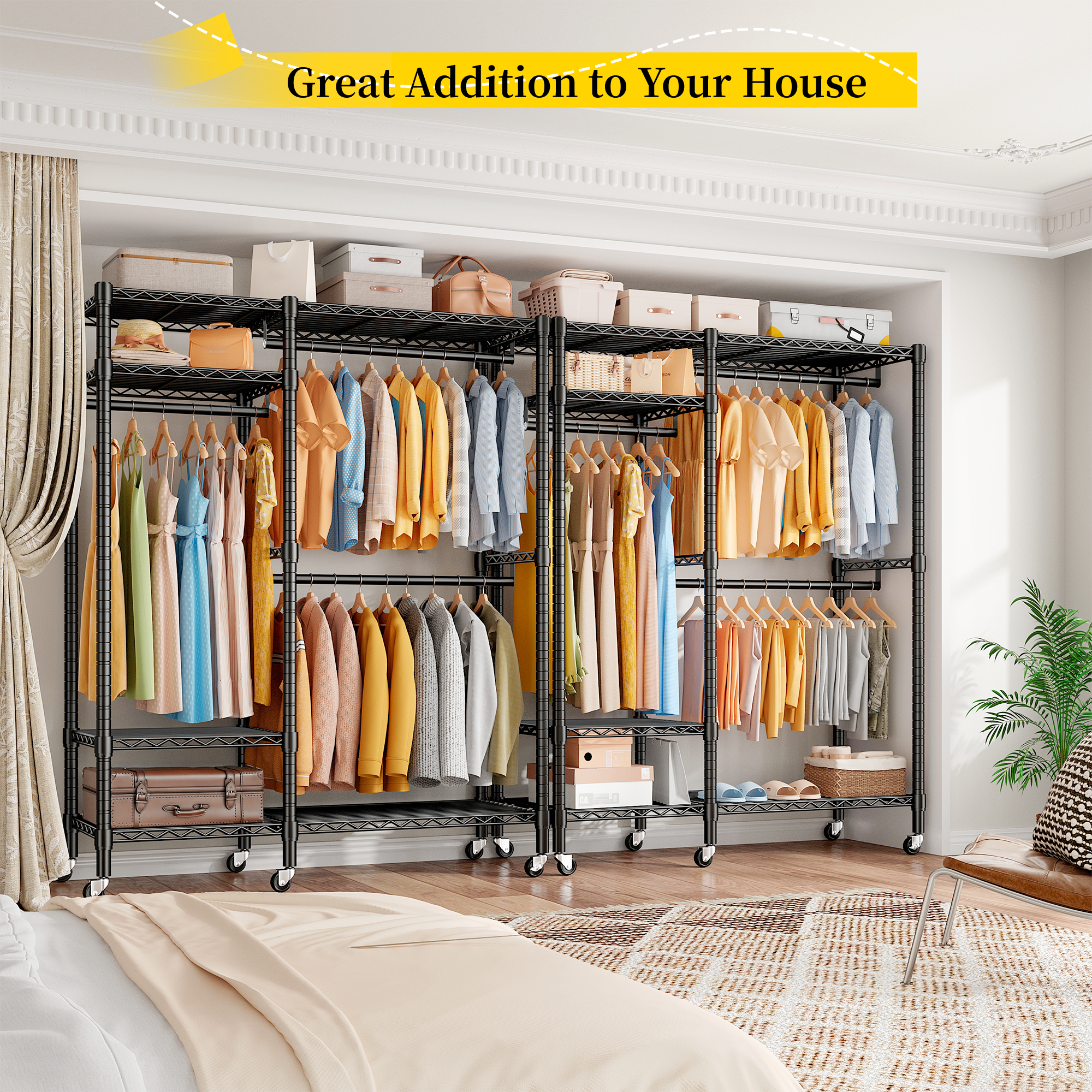 Snhomee 780lbs Heavy Duty Clothes Rack with Wheels, Freestanding Portable Closet, Rolling Garment Rack For Hanging-Home Storage > Clothes Rack-wheels-Black-snhomee