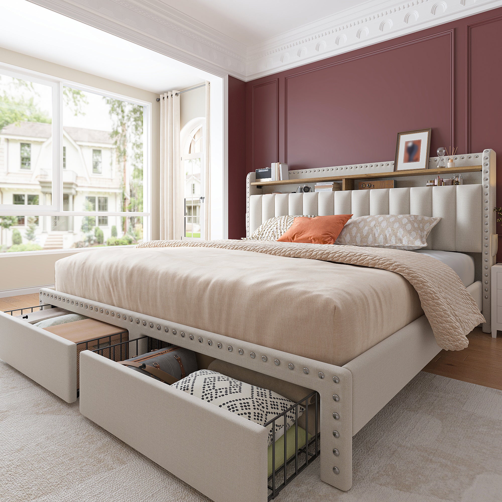 Metal Bed Frame with 2 Storage Drawers & Headboard - 900LBS Capacity, No Noise Design, Padded Platform, No Box Spring Needed, Back to School Beds On Sale