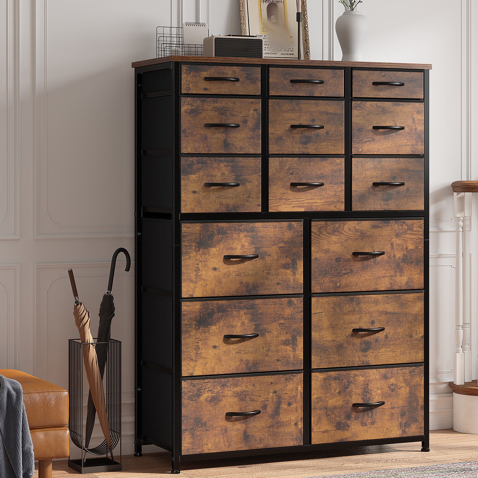 Dresser for Bedroom with 15 Drawers, Sturdy Metal Frame & Wood Top, Top Large Fabric Chest of Drawers, Closet, Livingroom-Furniture > Dresser-37.8"W x 11.8"D x 52.4"H-Black-snhomee