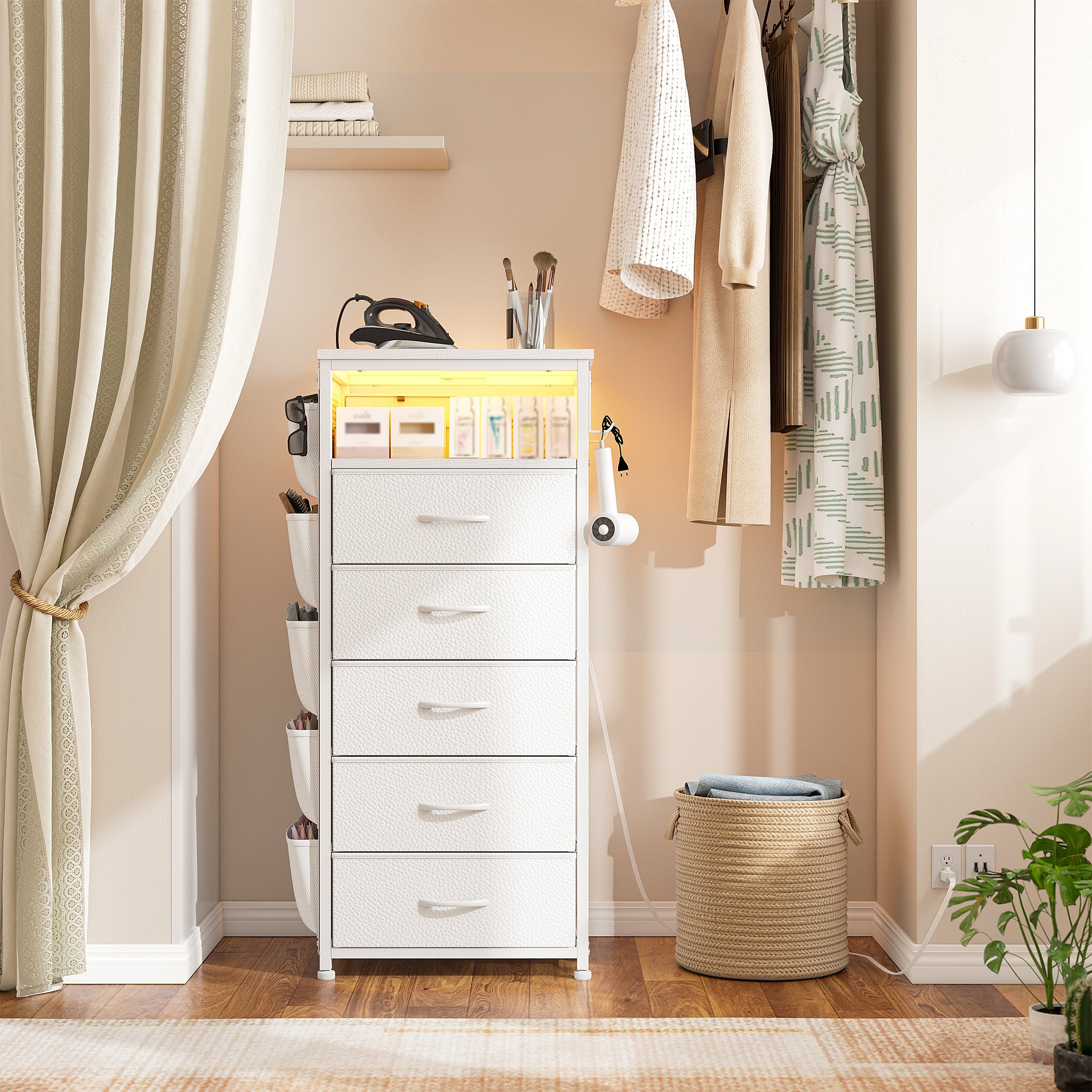 Tall Nightstand with USB Charging Station & Built-in LED Light - Modern Bedside Table with Wireless Charger, Bedroom Furniture for Small Spaces, No Tools Assembly-Furniture > Nightstand-Black-snhomee