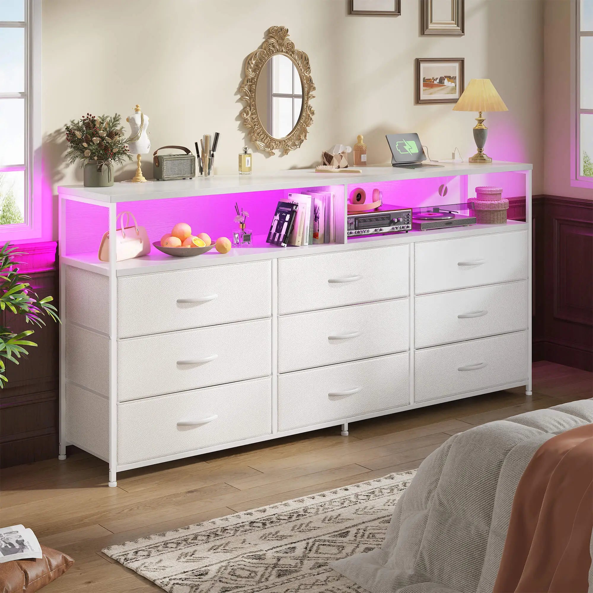 Snhomee Dresser TV Stand with 9 Drawers & Charging Station– 55" Wide Media Console LED lights & Wood Shelves for Bedroom, Living Room, or Dorm
