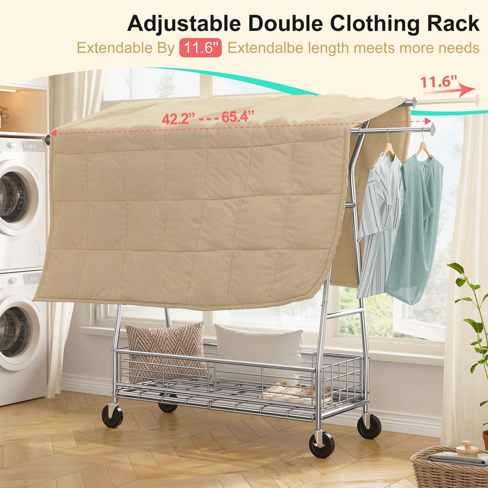 625lb Heavy Duty Commercial Clothing Rack - Rolling Steel Garment Rack with Shelves-Home Storage > Clothes Rack-(64-70)" H x (42.2-65.4)" W x 23" D-snhomee