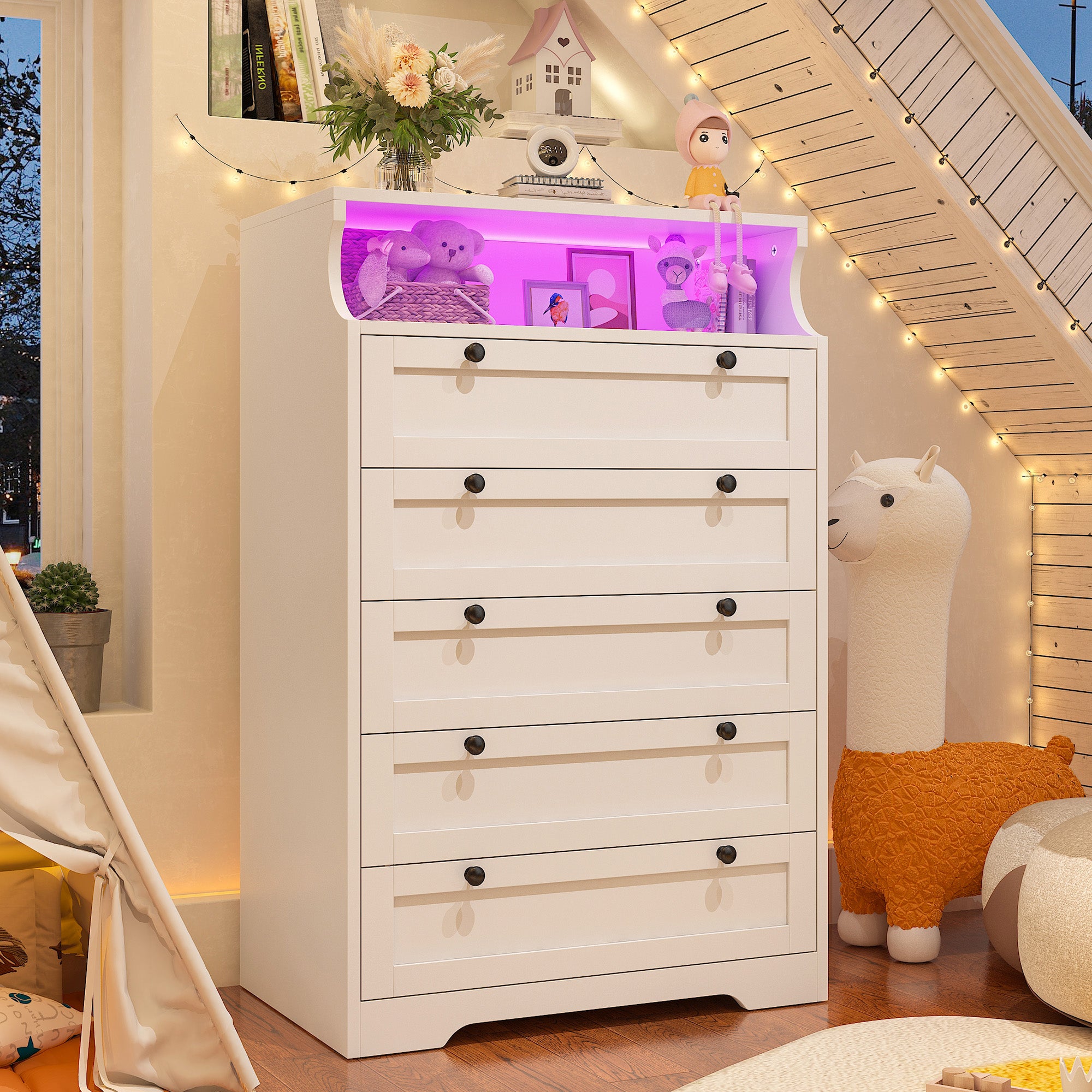 48"H 5-Drawer Wood Dresser and Chest with LED Lights for Bedroom