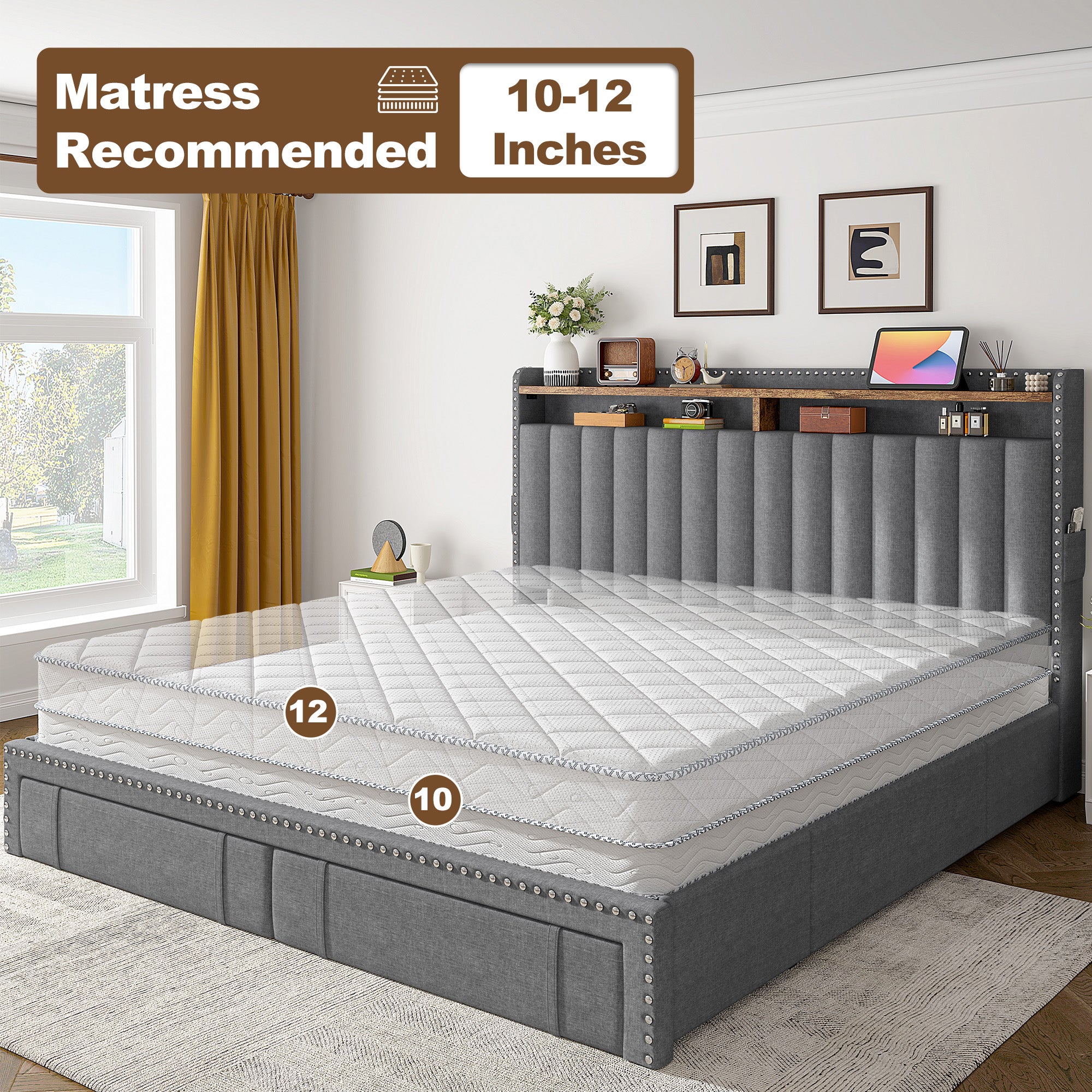 Snhomee Heavy Duty Platform Bed Frame with Storage Drawers - Silent 1200LB Capacity, No Box Spring Needed, Upholstered Headboard