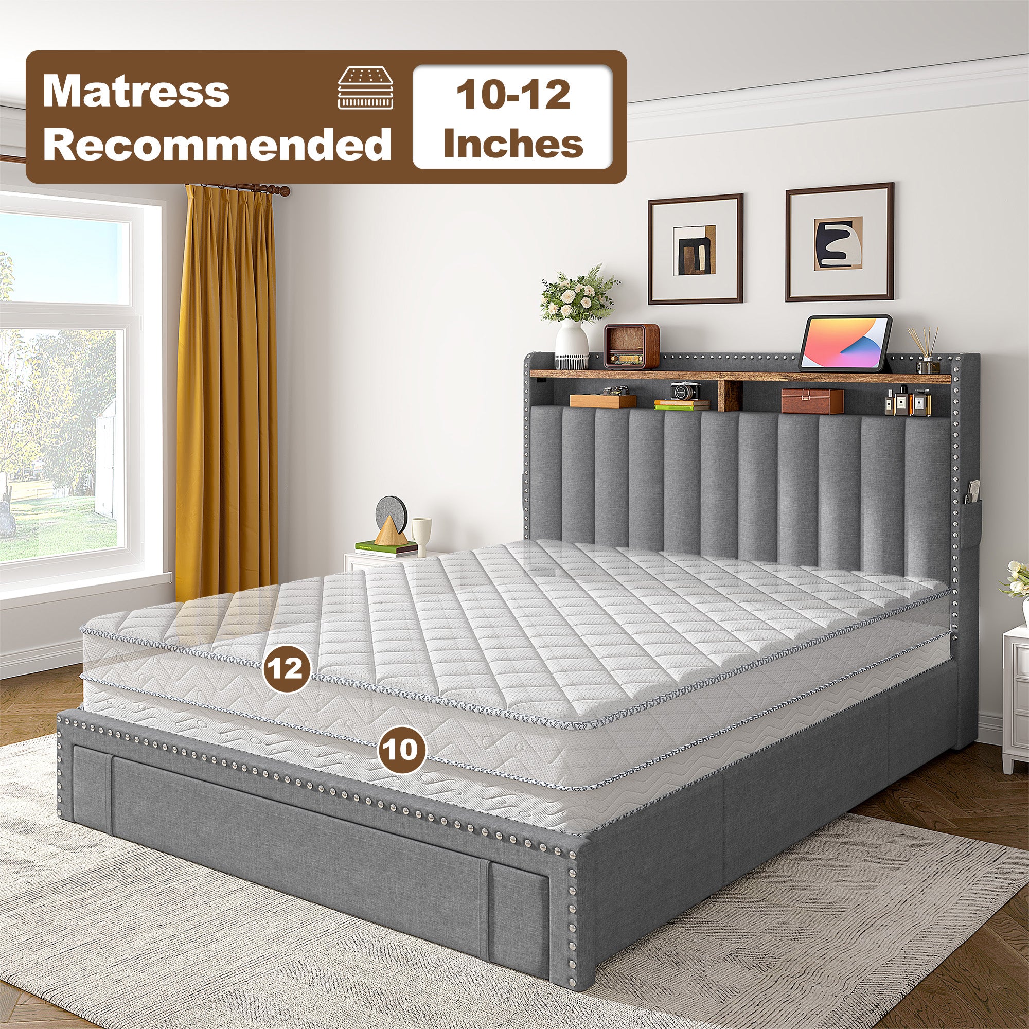 Snhomee Heavy Duty Platform Bed Frame with Storage Drawers - Silent 1200LB Capacity, No Box Spring Needed, Upholstered Headboard