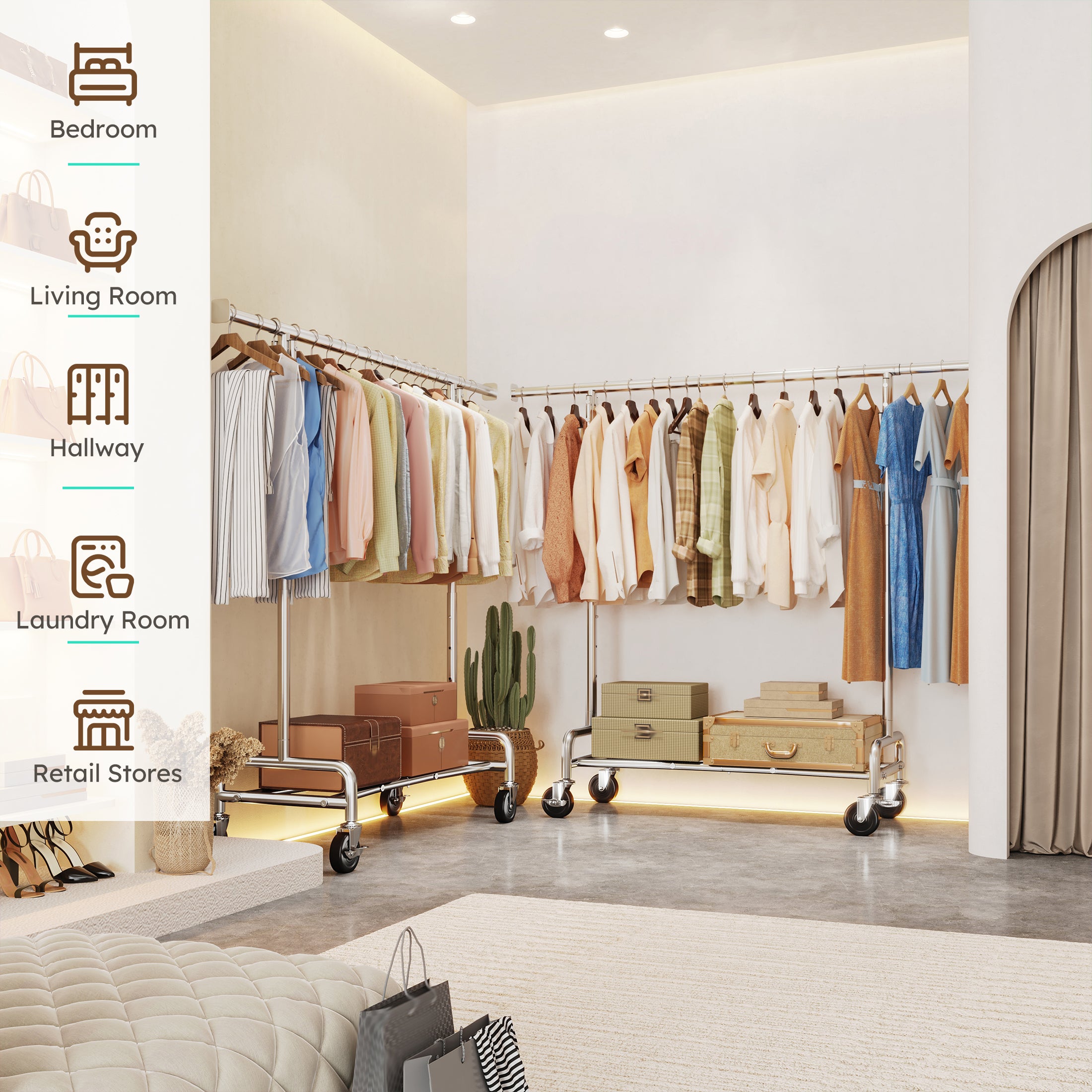 Rolling Clothes Rack with Shelf, Adjustable Clothes Rack with Bottom Shelf & 4 Hooks for Hanging